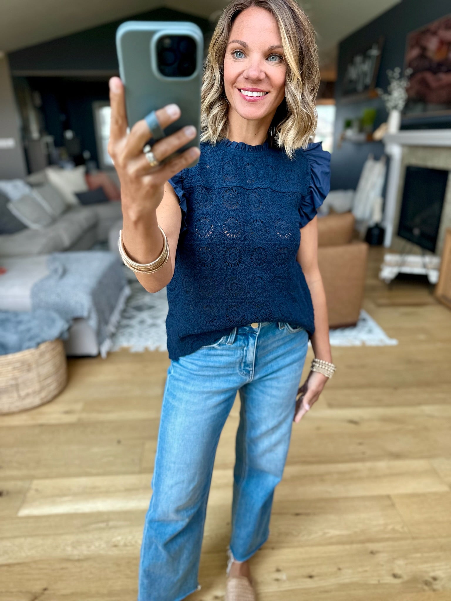 Wild Whispers Lace Flutter Sleeve Top-Skies Are Blue-Anna Kaytes Boutique, Women's Fashion Boutique in Grinnell, Iowa