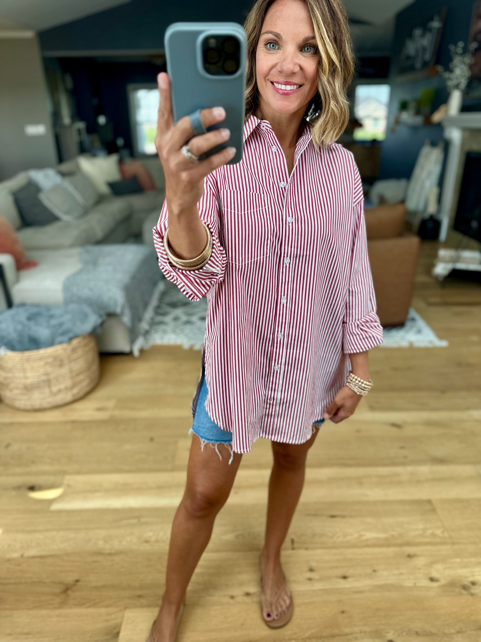 Rosy Romance Striped Button-Down-Star Drop-Anna Kaytes Boutique, Women's Fashion Boutique in Grinnell, Iowa