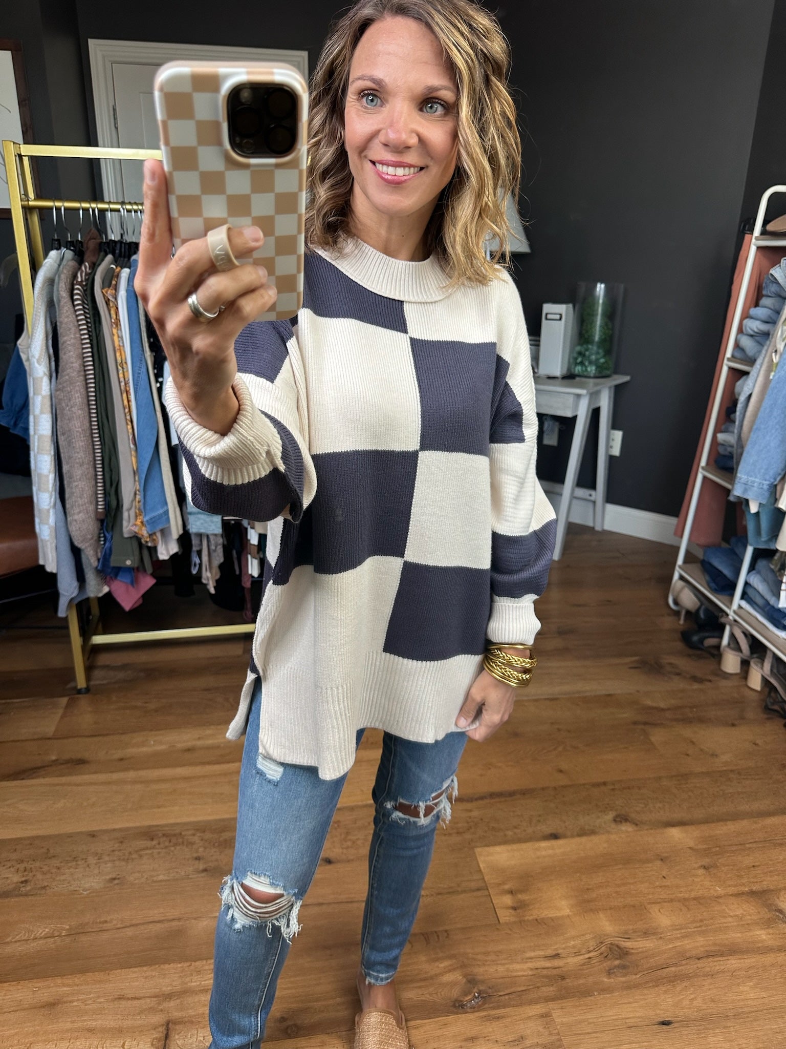 Loving Look Checkered Oversized Knit Sweater - Cream/Blue Grey-Miracle-Anna Kaytes Boutique, Women's Fashion Boutique in Grinnell, Iowa