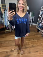 Beach Please V-Neck Sweater - Navy/Blue-Sweaters-Wishlist F126-Anna Kaytes Boutique, Women's Fashion Boutique in Grinnell, Iowa