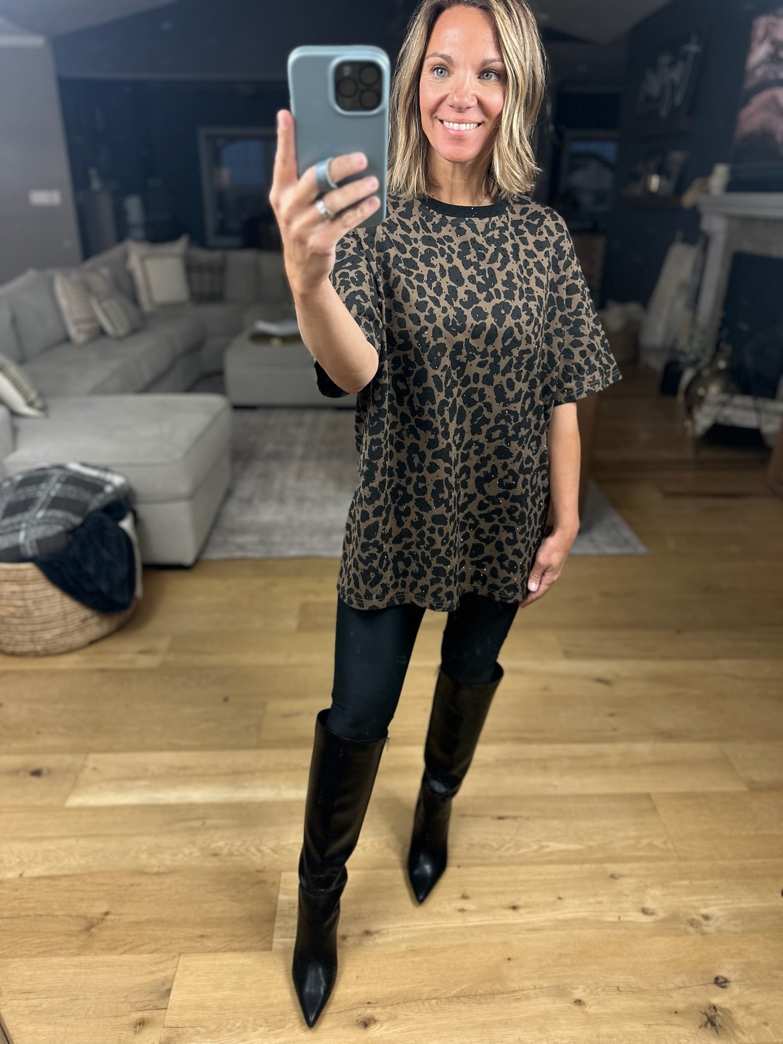 After Dark Oversized Animal-Print Sparkle Top-Short Sleeves-davi & dani-Anna Kaytes Boutique, Women's Fashion Boutique in Grinnell, Iowa