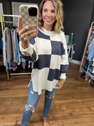 Loving Look Checkered Oversized Knit Sweater - Cream/Blue Grey-Miracle-Anna Kaytes Boutique, Women's Fashion Boutique in Grinnell, Iowa