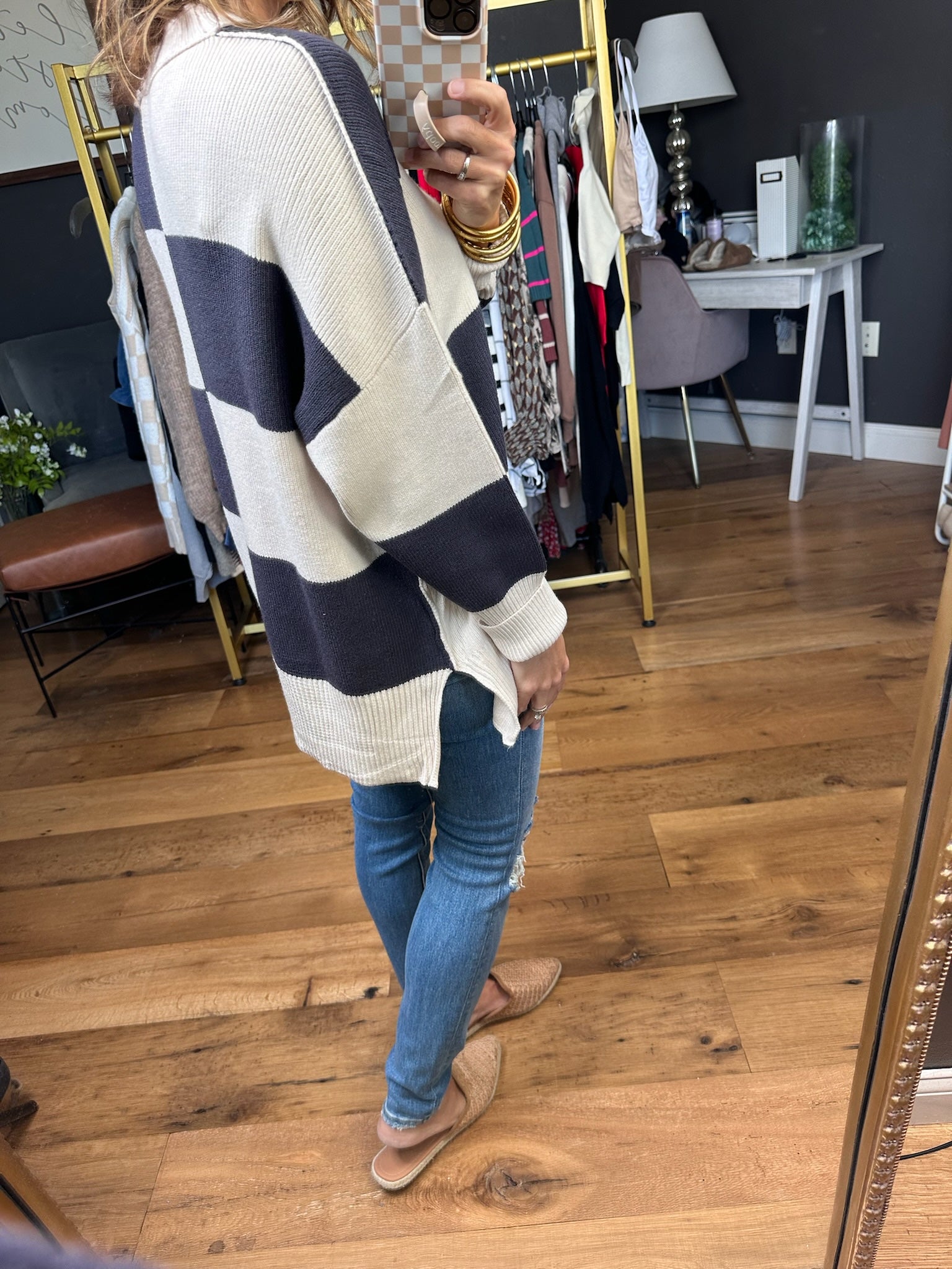 Loving Look Checkered Oversized Knit Sweater - Cream/Blue Grey-Miracle-Anna Kaytes Boutique, Women's Fashion Boutique in Grinnell, Iowa