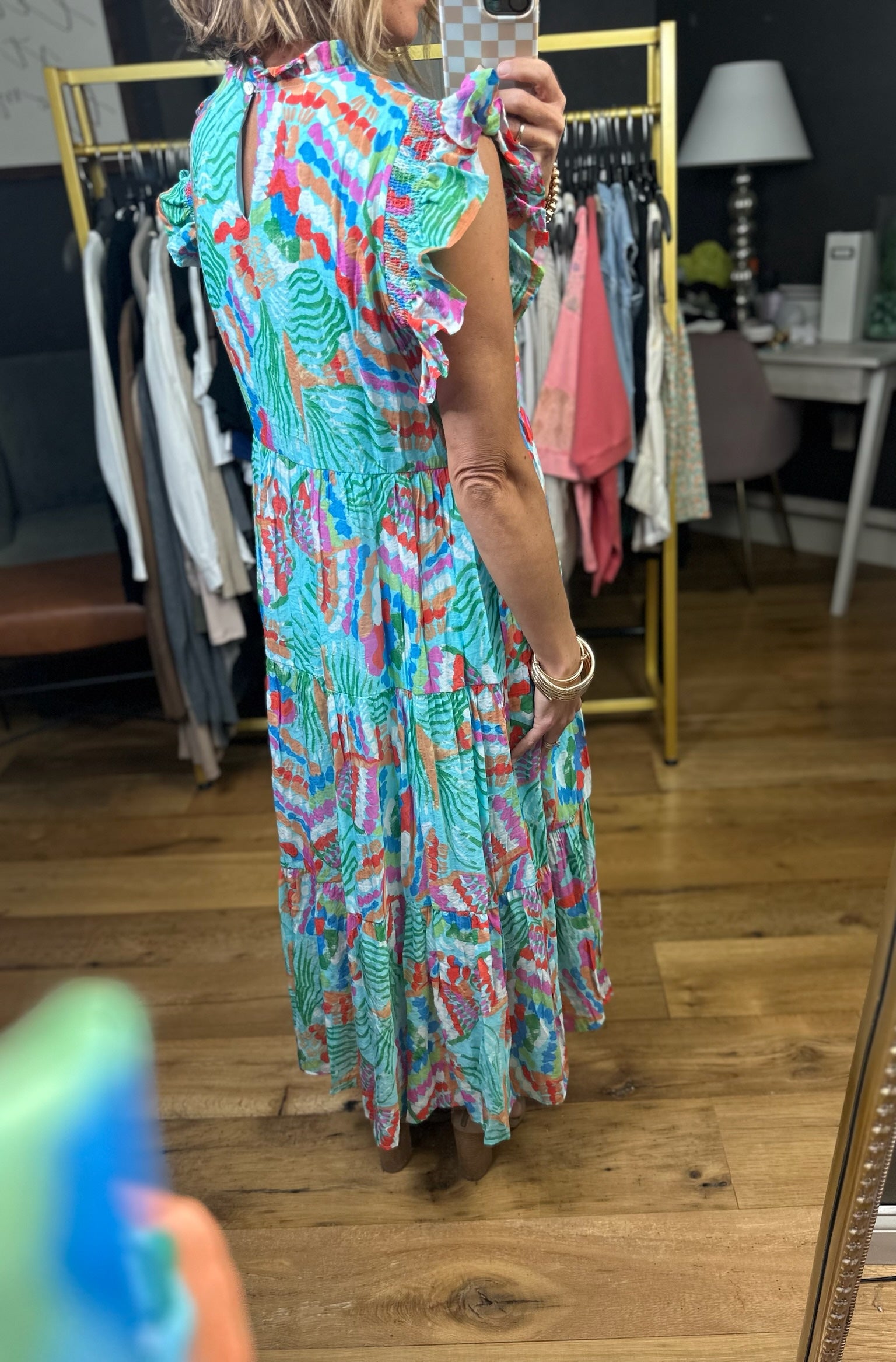 Open Mind Patterned Tiered Dress - Aqua Mix-Jodifl-Anna Kaytes Boutique, Women's Fashion Boutique in Grinnell, Iowa