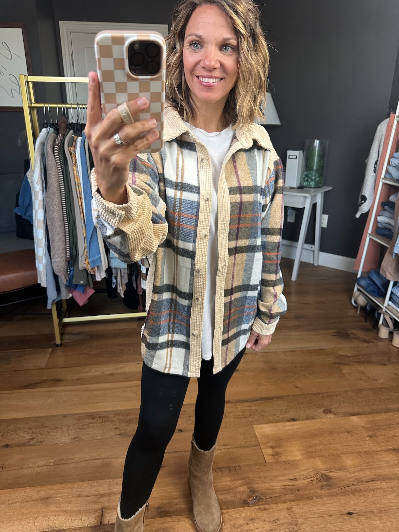 Aspen Nights Textured Plaid Shacket - Camel Multi-Bibi-Anna Kaytes Boutique, Women's Fashion Boutique in Grinnell, Iowa