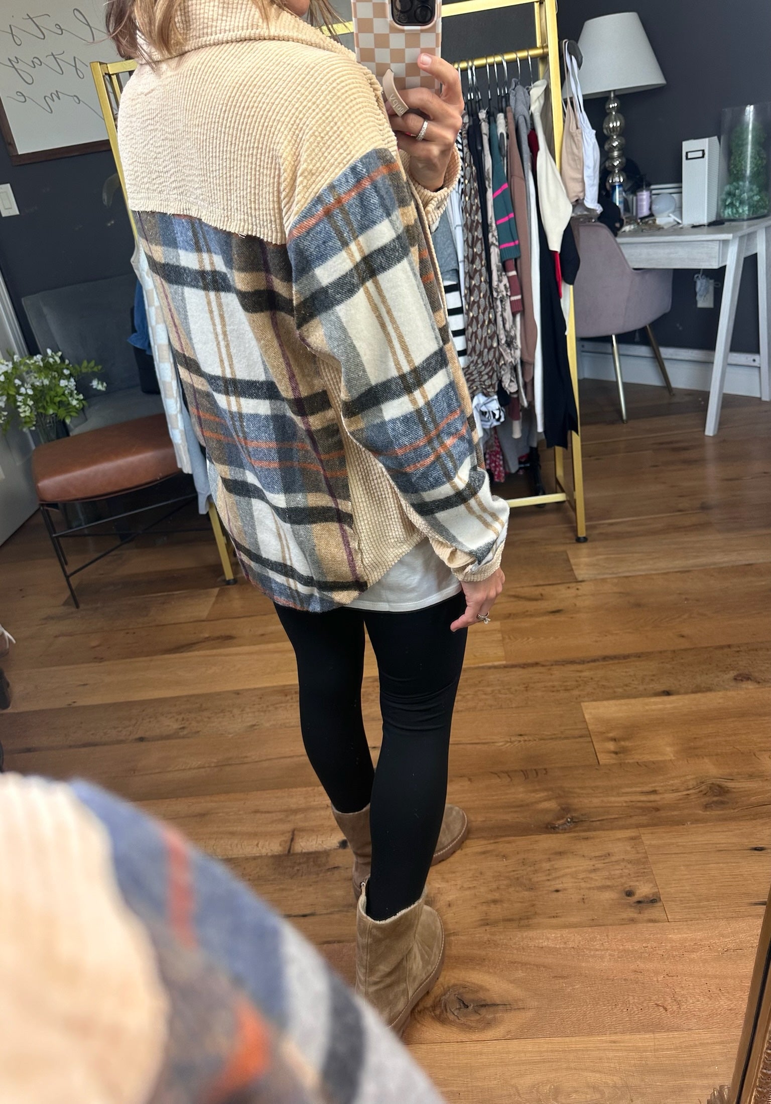 Aspen Nights Textured Plaid Shacket - Camel Multi-Bibi-Anna Kaytes Boutique, Women's Fashion Boutique in Grinnell, Iowa