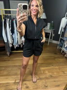 Going Somewhere Textured Zip Romper - Black-Entro-Anna Kaytes Boutique, Women's Fashion Boutique in Grinnell, Iowa