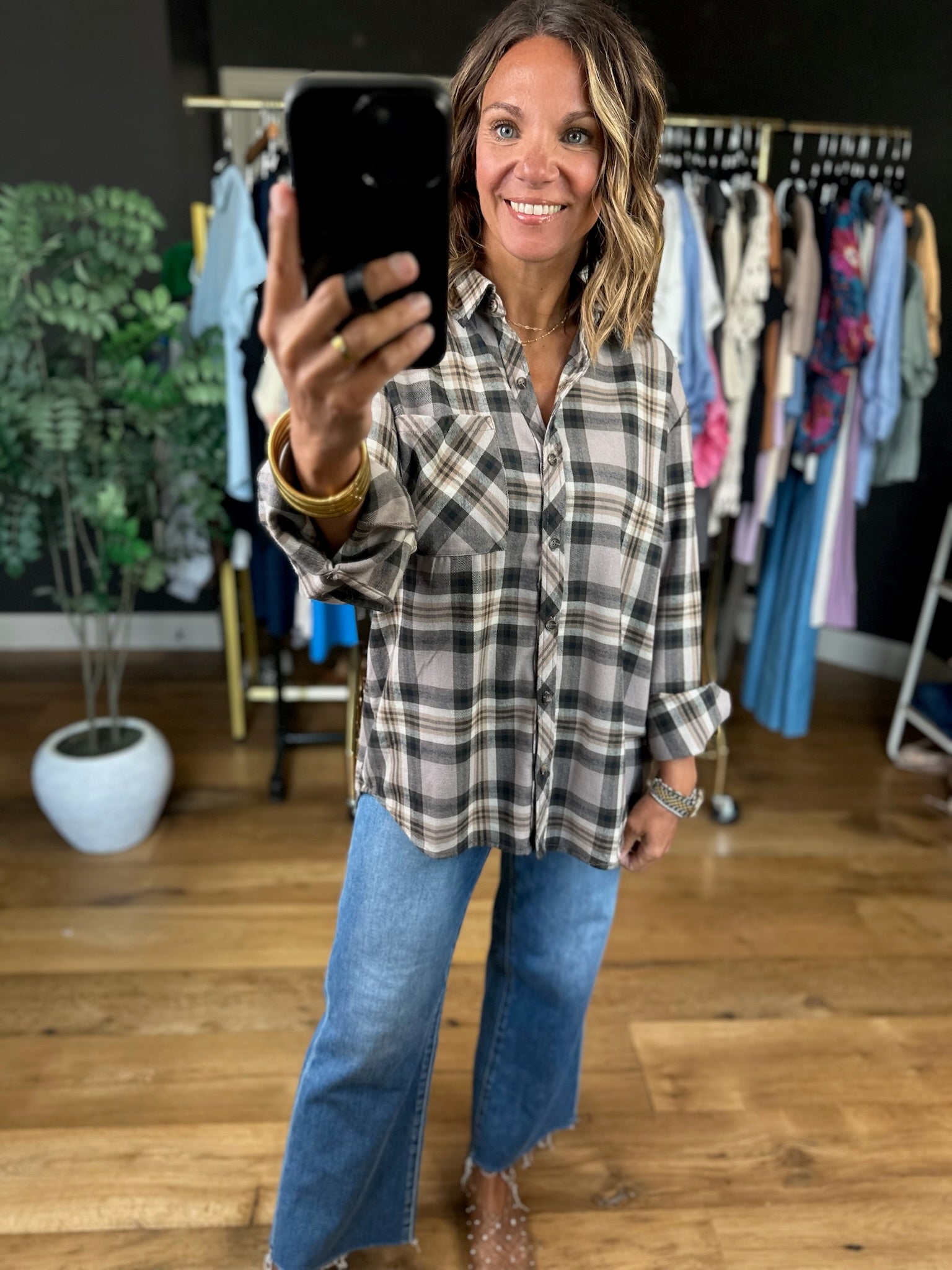Fireside Chat Plaid Button-Down-Long Sleeves-be cool-Anna Kaytes Boutique, Women's Fashion Boutique in Grinnell, Iowa