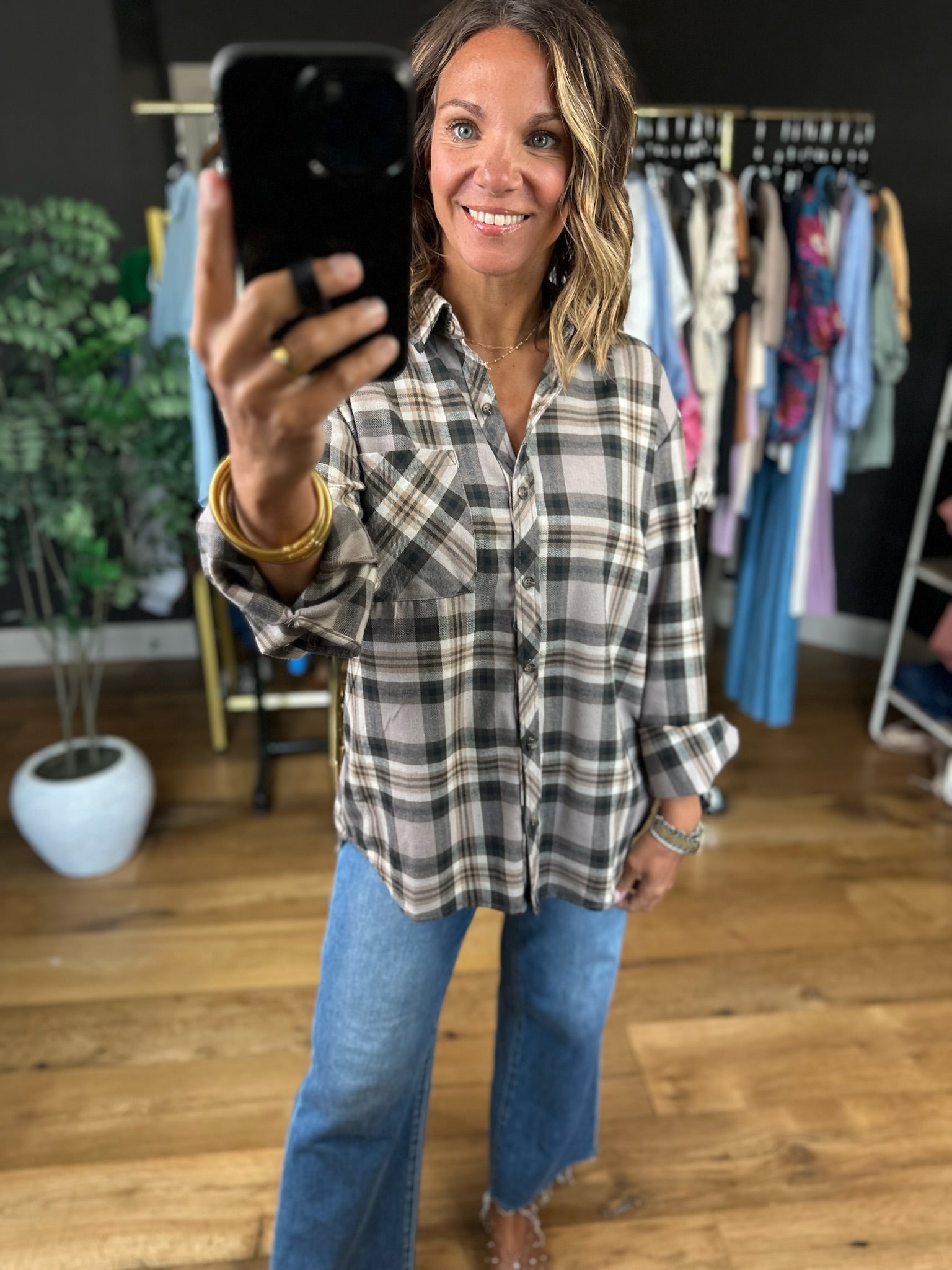 Fireside Chat Plaid Button-Down-Long Sleeves-be cool-Anna Kaytes Boutique, Women's Fashion Boutique in Grinnell, Iowa