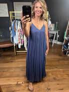 On My Own V-Neck Maxi Dress - Denim-Dresses-Be Cool-Anna Kaytes Boutique, Women's Fashion Boutique in Grinnell, Iowa