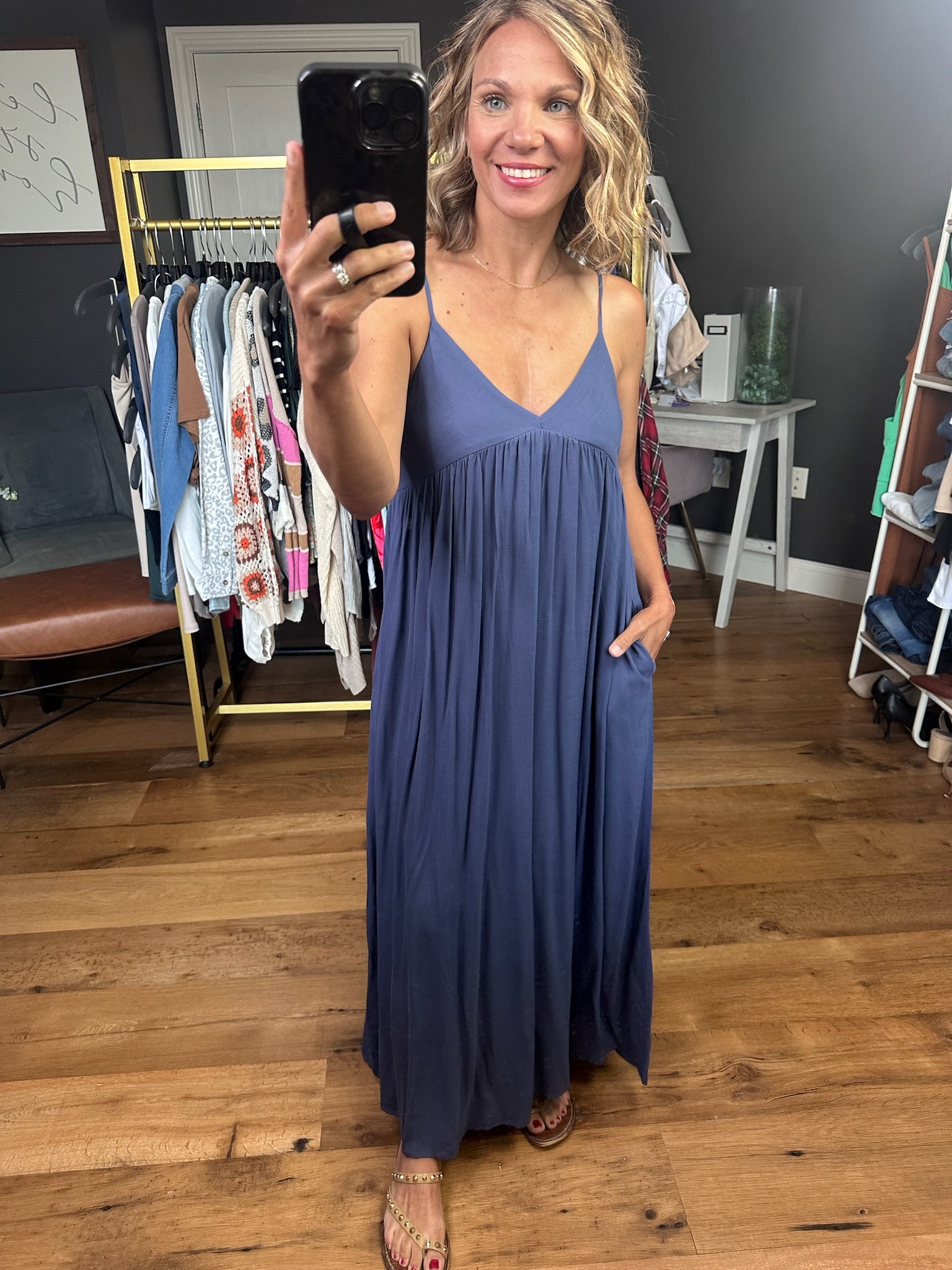 On My Own V-Neck Maxi Dress - Denim-Dresses-Be Cool-Anna Kaytes Boutique, Women's Fashion Boutique in Grinnell, Iowa