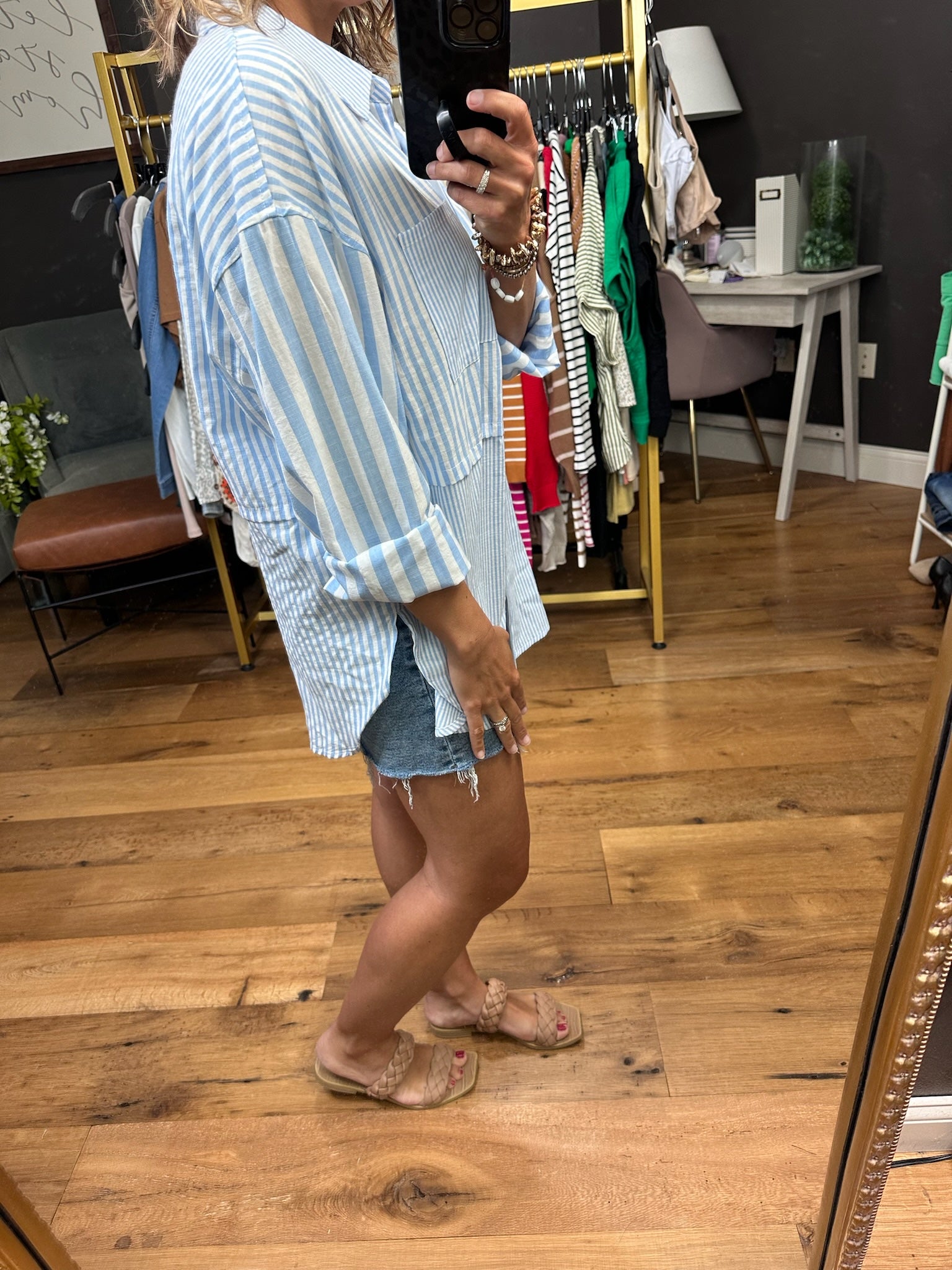 Moving Along Contrasting Stripe Button-Down Top - Blue/White-Long Sleeves-Wishlist-Anna Kaytes Boutique, Women's Fashion Boutique in Grinnell, Iowa