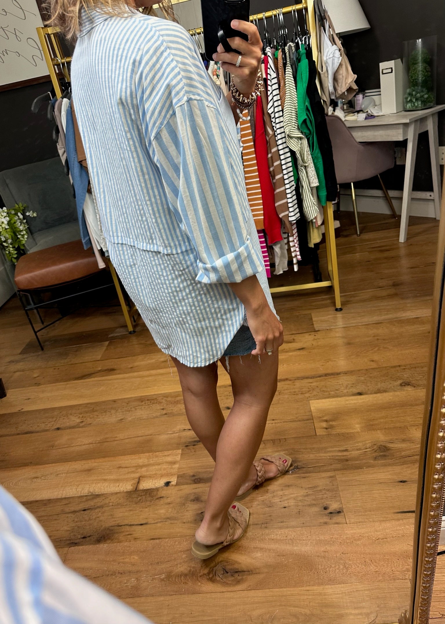 Moving Along Contrasting Stripe Button-Down Top - Blue/White-Long Sleeves-Wishlist-Anna Kaytes Boutique, Women's Fashion Boutique in Grinnell, Iowa