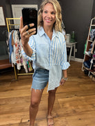 Moving Along Contrasting Stripe Button-Down Top - Blue/White-Long Sleeves-Wishlist-Anna Kaytes Boutique, Women's Fashion Boutique in Grinnell, Iowa