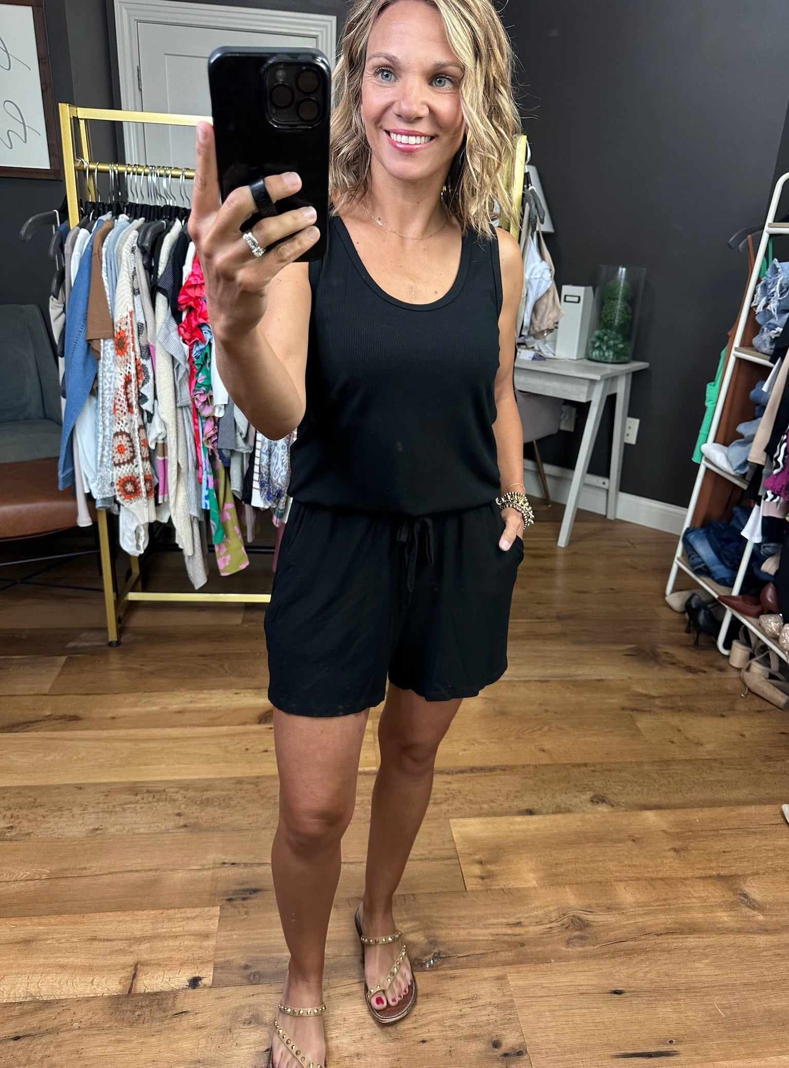 With Patience Scoop-Hem Romper - Black-Rompers-Wishlist-Anna Kaytes Boutique, Women's Fashion Boutique in Grinnell, Iowa