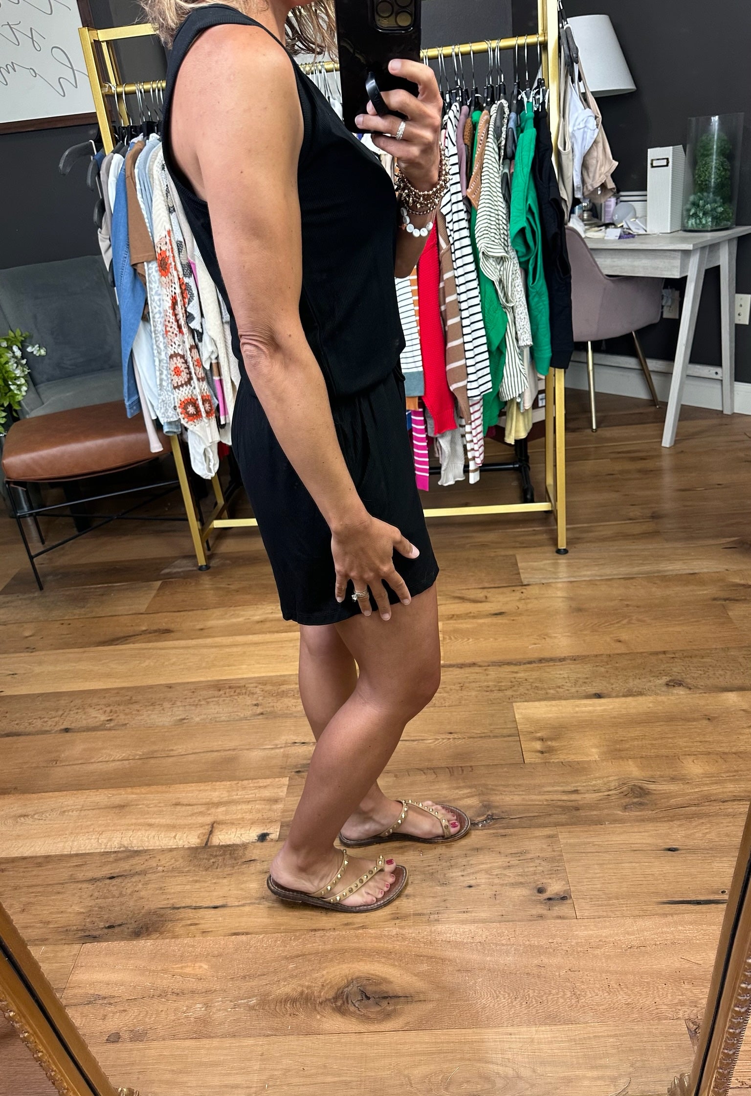 With Patience Scoop-Hem Romper - Black-Rompers-Wishlist-Anna Kaytes Boutique, Women's Fashion Boutique in Grinnell, Iowa