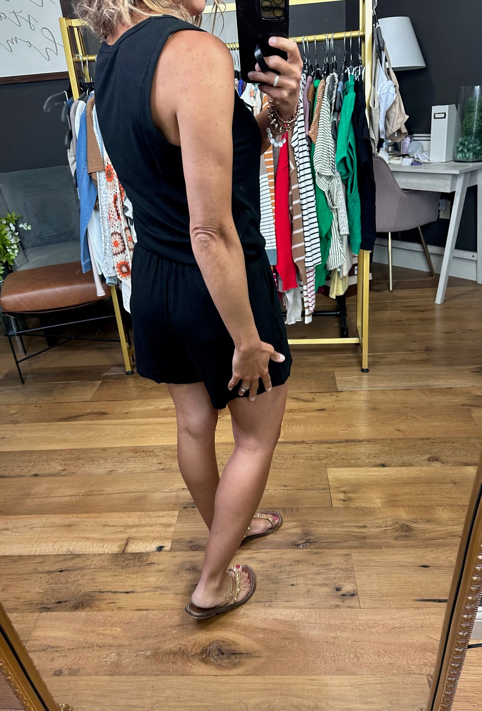 With Patience Scoop-Hem Romper - Black-Rompers-Wishlist-Anna Kaytes Boutique, Women's Fashion Boutique in Grinnell, Iowa