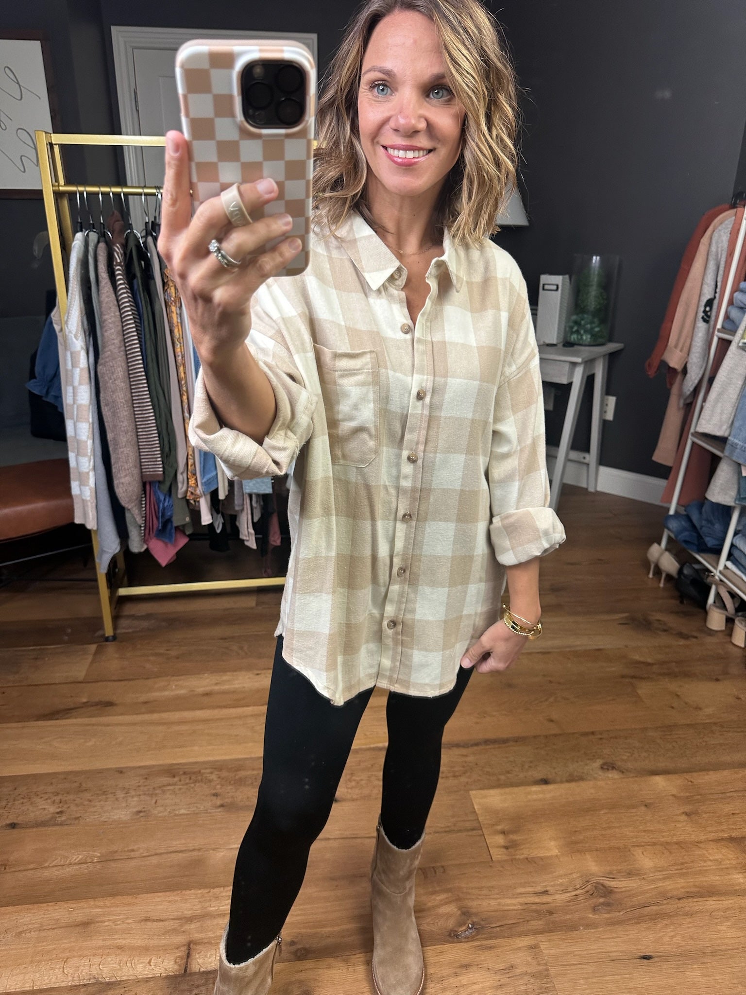 Fall Morning Plaid Button-Down Top - Taupe/Natural-Wishlist-Anna Kaytes Boutique, Women's Fashion Boutique in Grinnell, Iowa