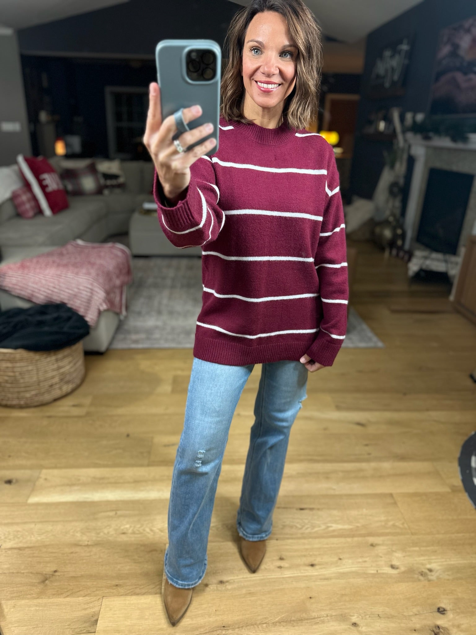Up To You Striped Crew Sweater-Sweaters-Zenana-Anna Kaytes Boutique, Women's Fashion Boutique in Grinnell, Iowa