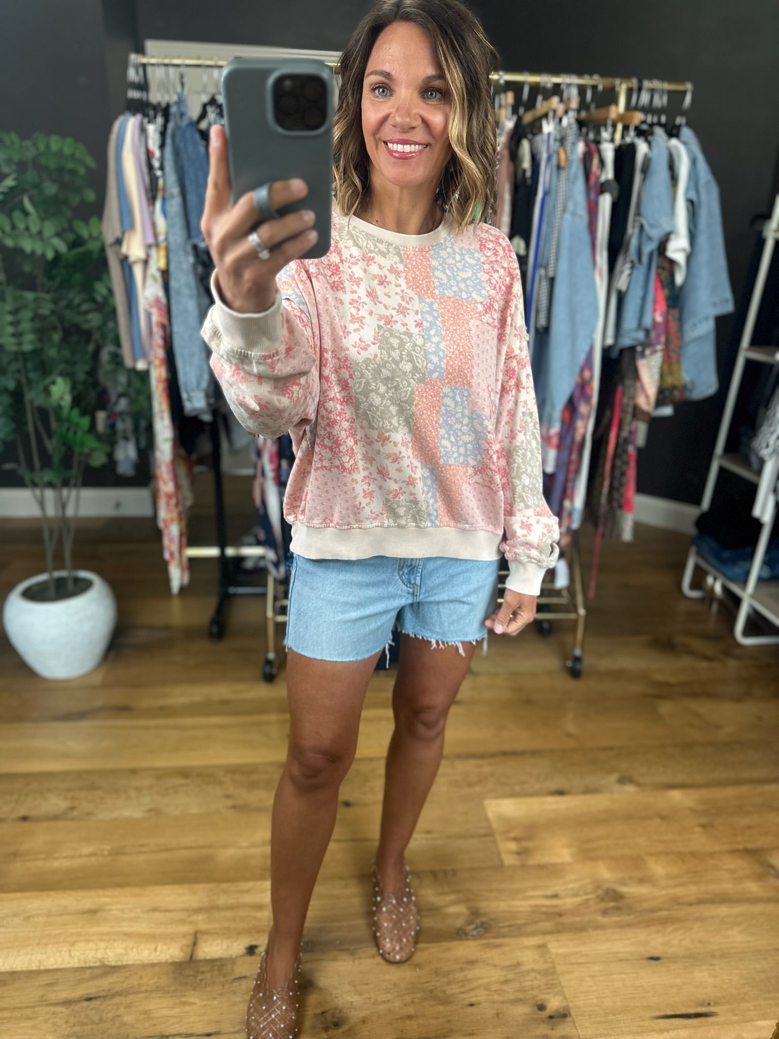 Sweetest Spring Patchwork Crew-Sweaters-Easel-Anna Kaytes Boutique, Women's Fashion Boutique in Grinnell, Iowa