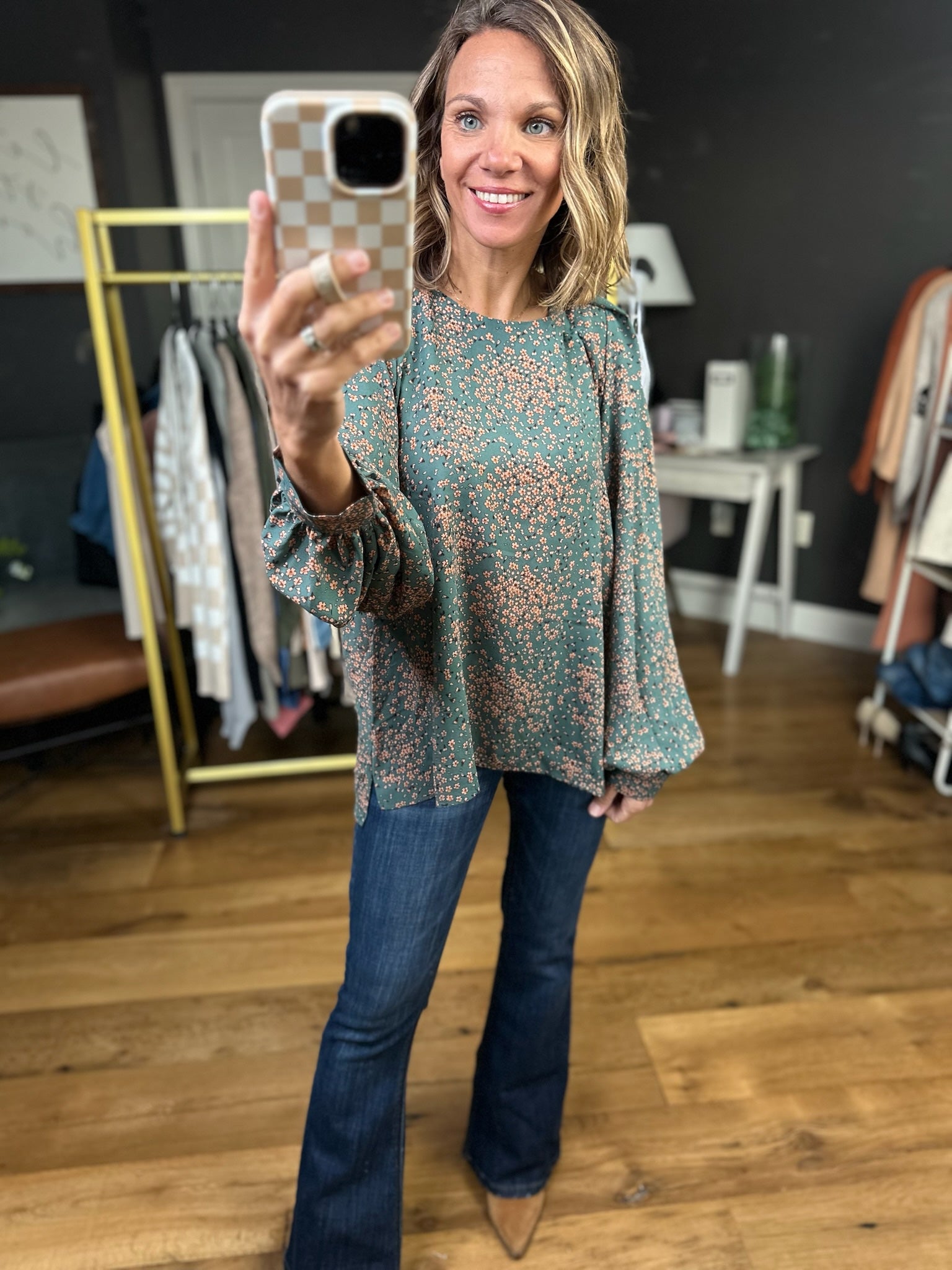 Common Ground Patterned Balloon-Sleeve Top - Kale-Jodifl-Anna Kaytes Boutique, Women's Fashion Boutique in Grinnell, Iowa