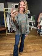 Common Ground Patterned Balloon-Sleeve Top - Kale-Jodifl-Anna Kaytes Boutique, Women's Fashion Boutique in Grinnell, Iowa