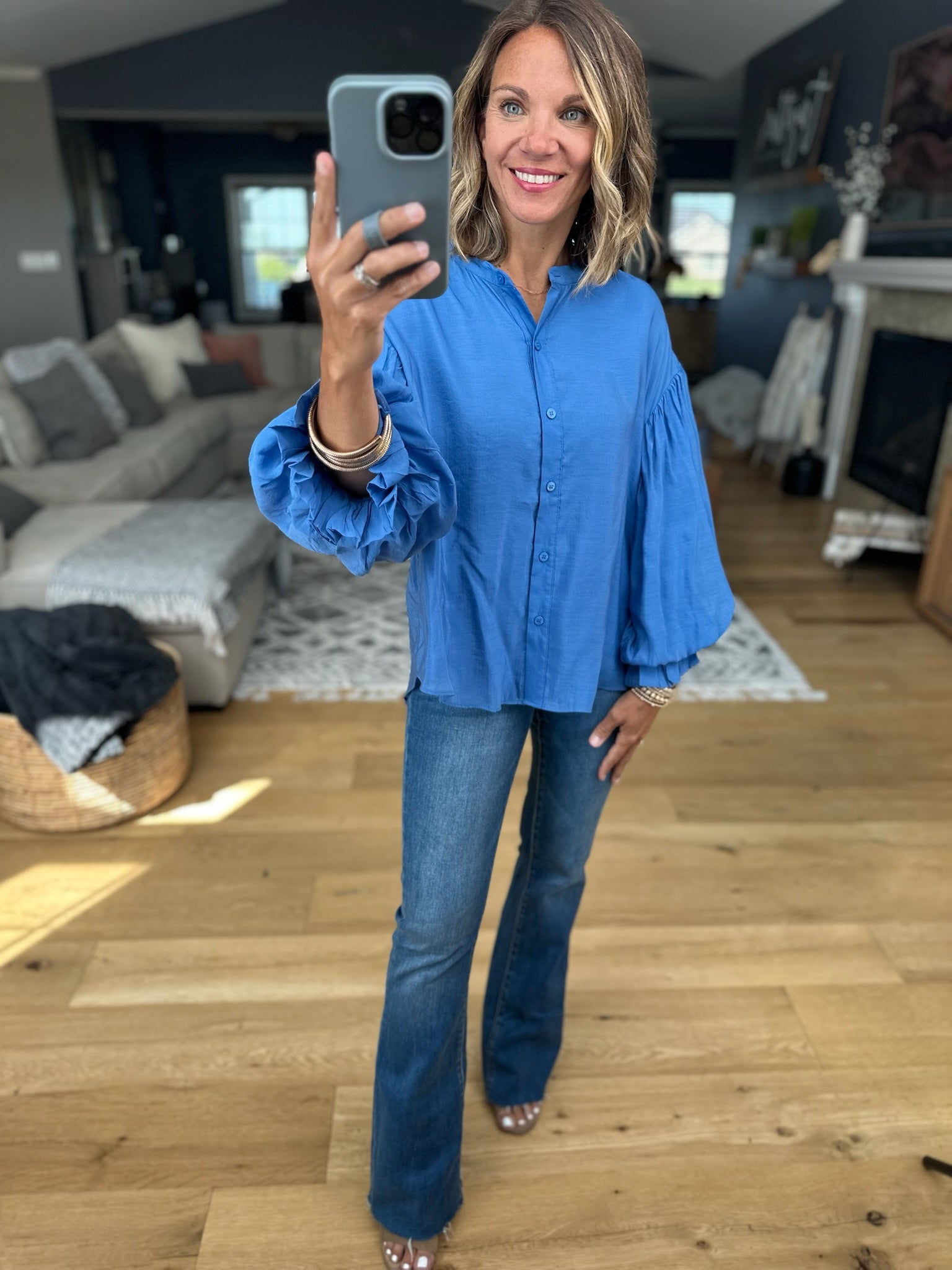 Feels Like Power Balloon Sleeve Button-Down Top-Fate-Anna Kaytes Boutique, Women's Fashion Boutique in Grinnell, Iowa