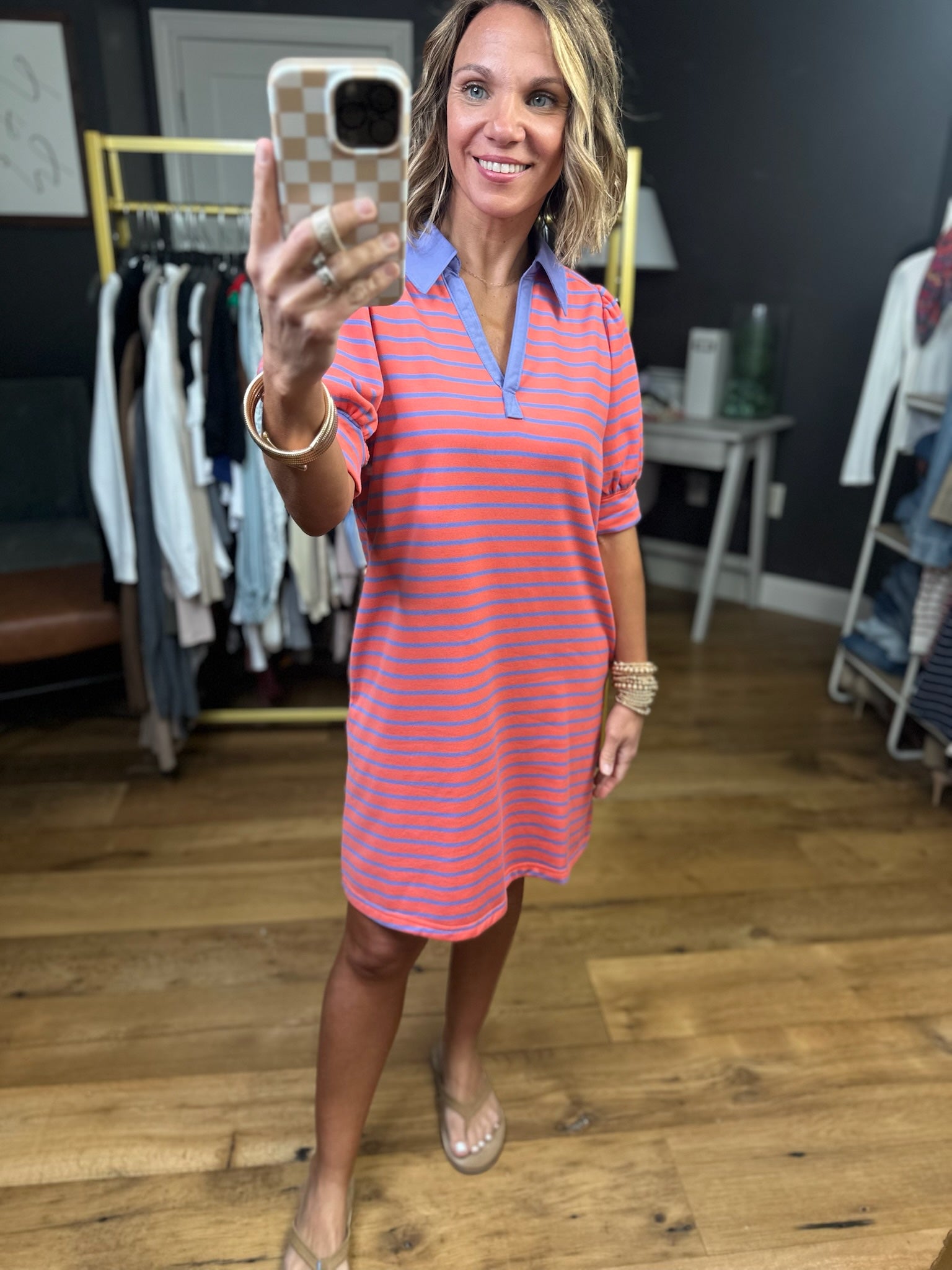 Spend The Years Collared Striped Dress - Grapefruit-Entro-Anna Kaytes Boutique, Women's Fashion Boutique in Grinnell, Iowa