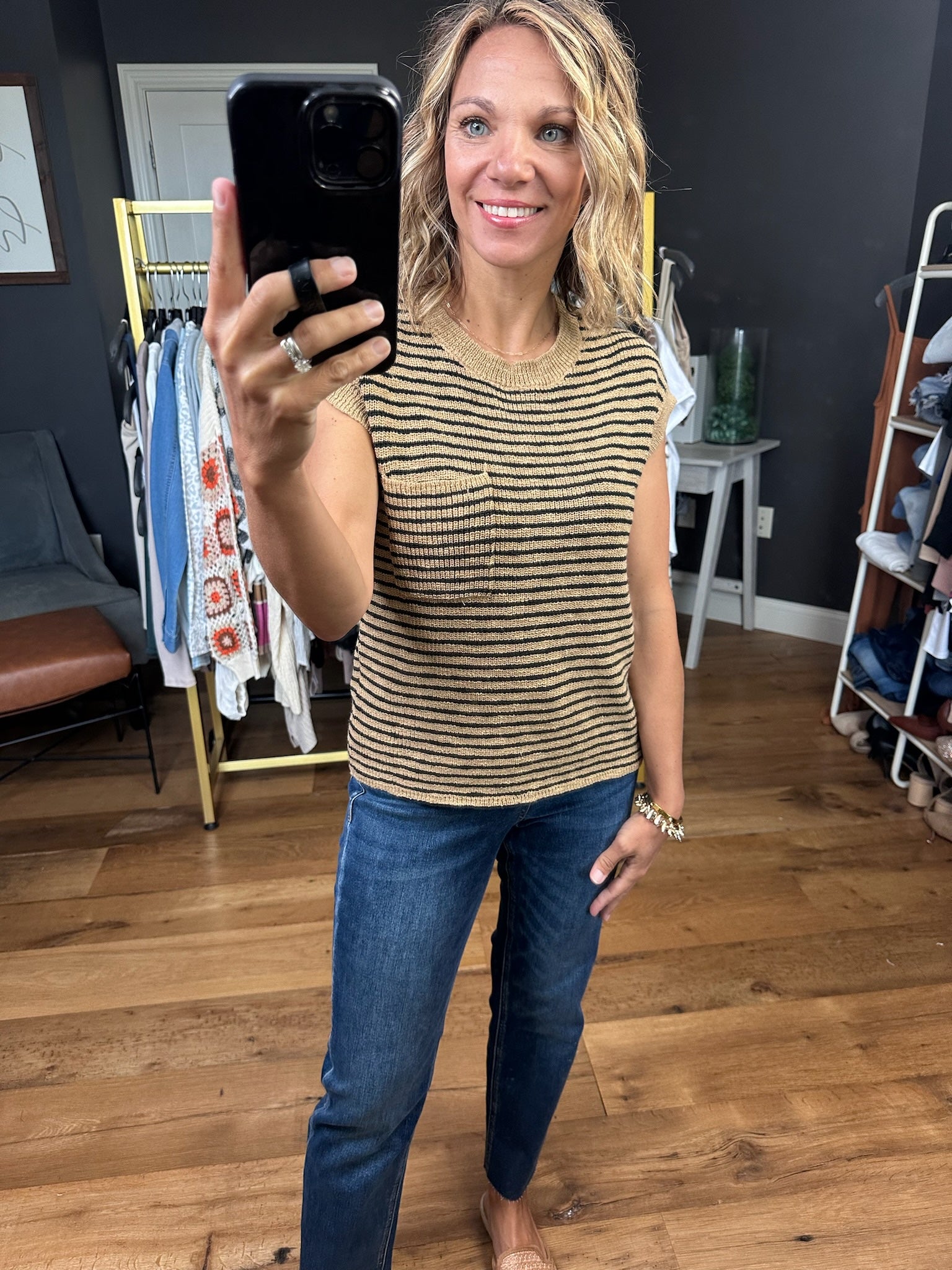 Near You Striped Pocket Knit Top - Camel/Black-Short Sleeves-Thread & Supply-Anna Kaytes Boutique, Women's Fashion Boutique in Grinnell, Iowa