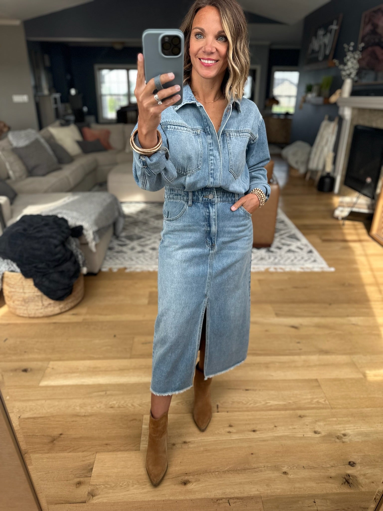 Western Woman Denim Dress-Wishlist-Anna Kaytes Boutique, Women's Fashion Boutique in Grinnell, Iowa