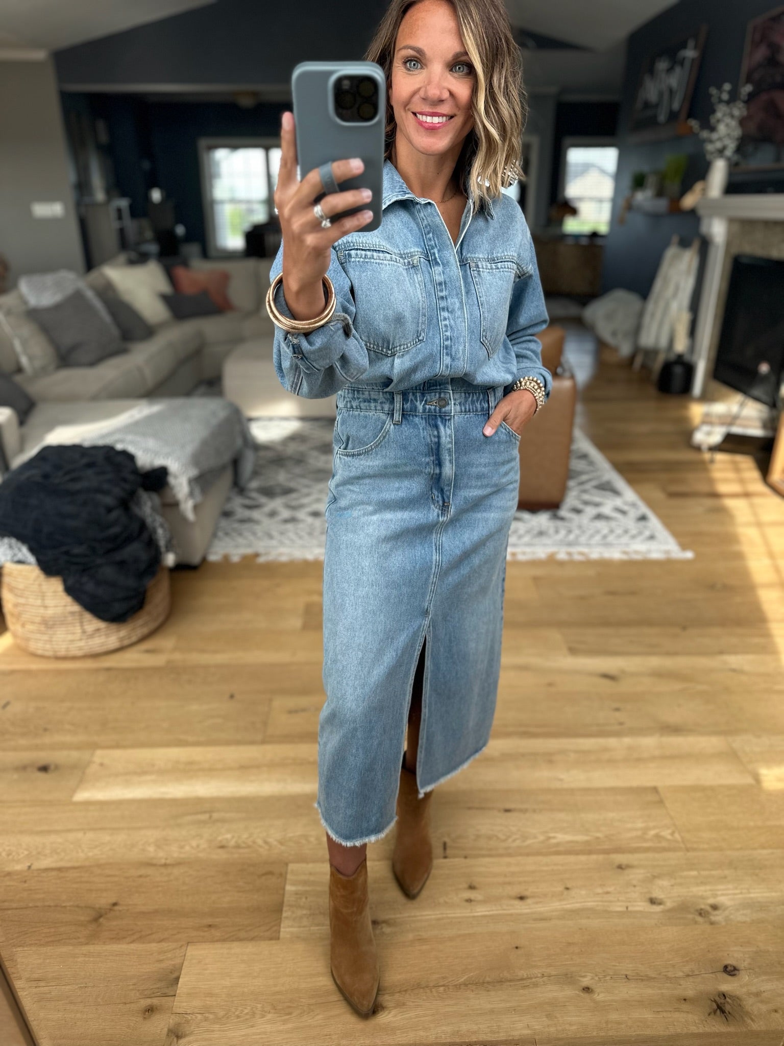 Western Woman Denim Dress-Wishlist-Anna Kaytes Boutique, Women's Fashion Boutique in Grinnell, Iowa