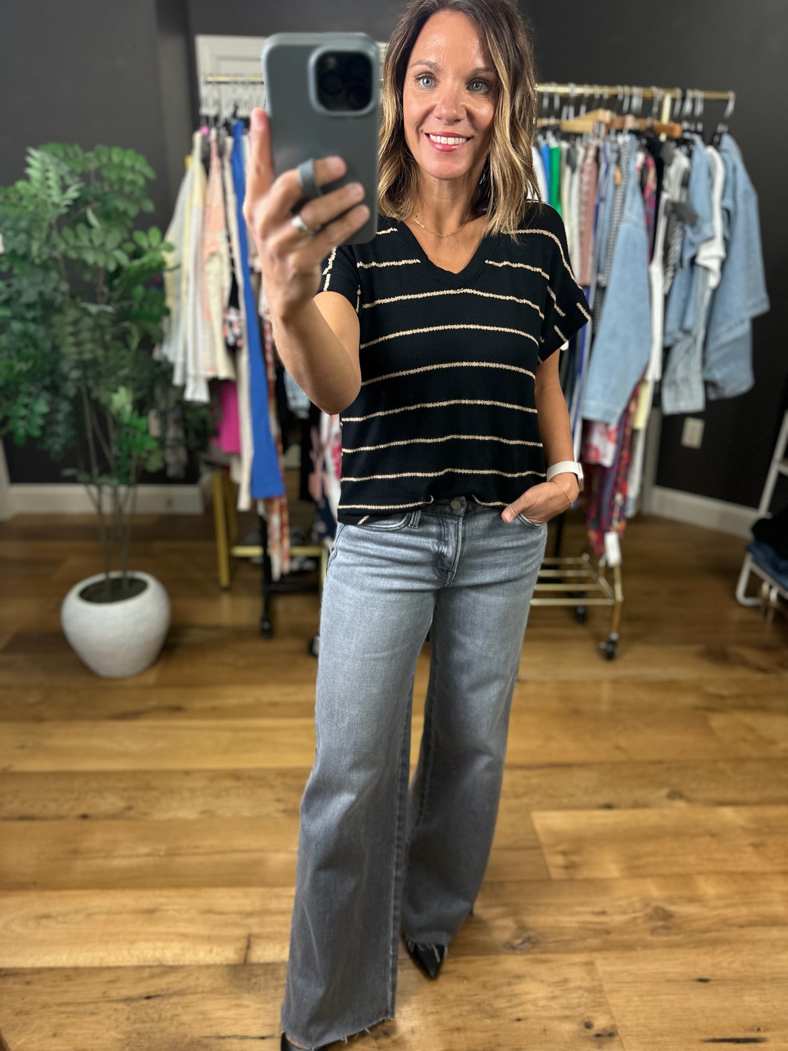 Take My Turn Striped V-Neck Top-Short Sleeves-Blu Pepper-Anna Kaytes Boutique, Women's Fashion Boutique in Grinnell, Iowa