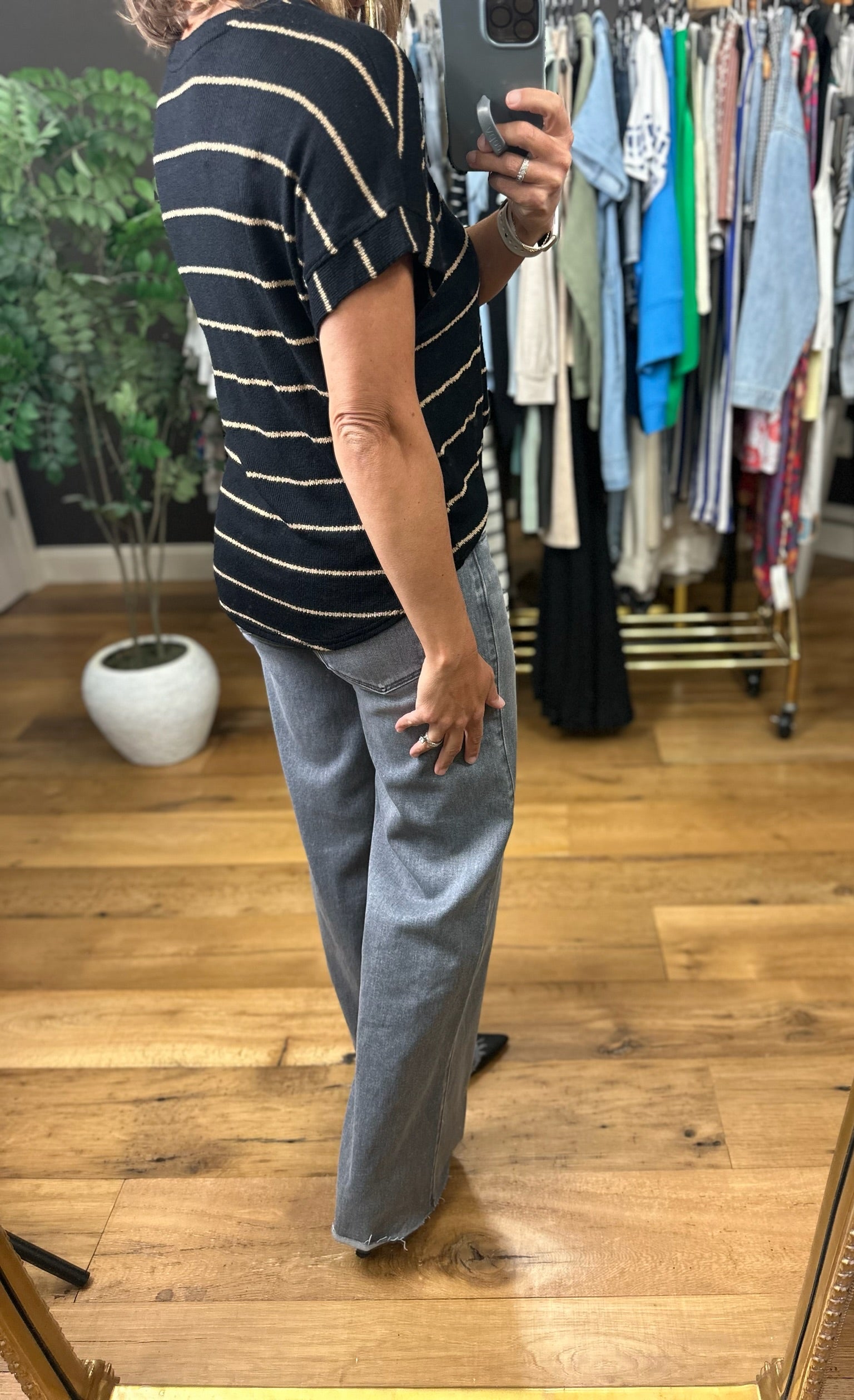 Take My Turn Striped V-Neck Top-Short Sleeves-Blu Pepper-Anna Kaytes Boutique, Women's Fashion Boutique in Grinnell, Iowa