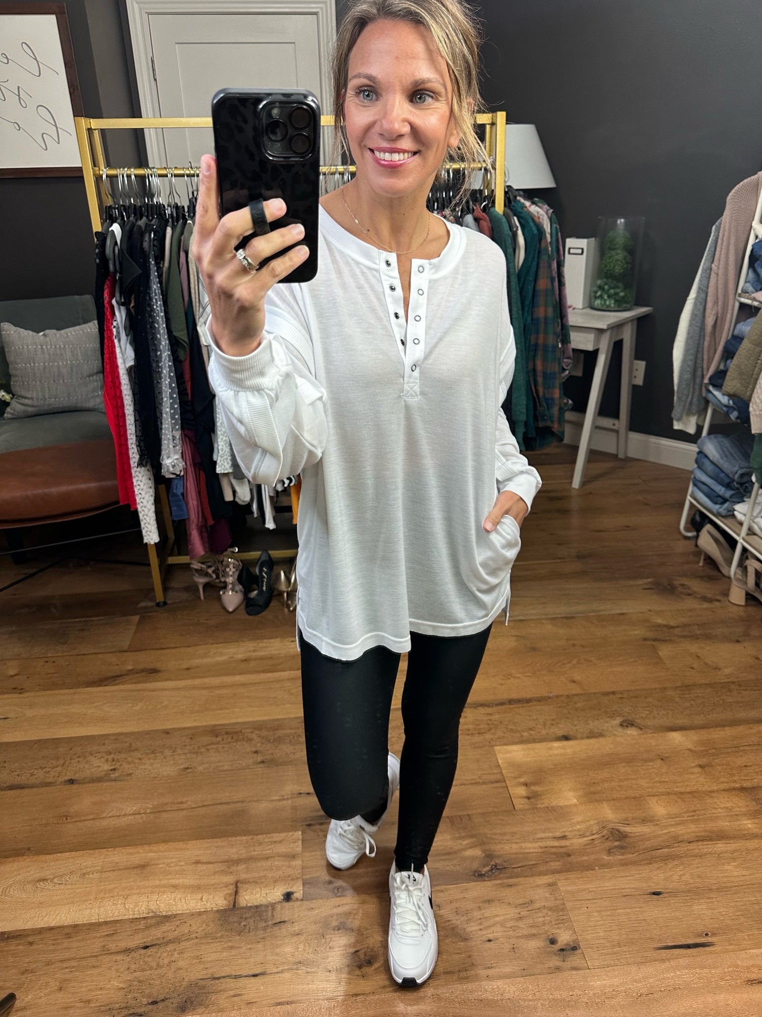 Details Matter Henley Long Sleeve With Pleated Detail Sleeve - Multiple Options-Long Sleeves-Wishlist wl22-7319-Anna Kaytes Boutique, Women's Fashion Boutique in Grinnell, Iowa