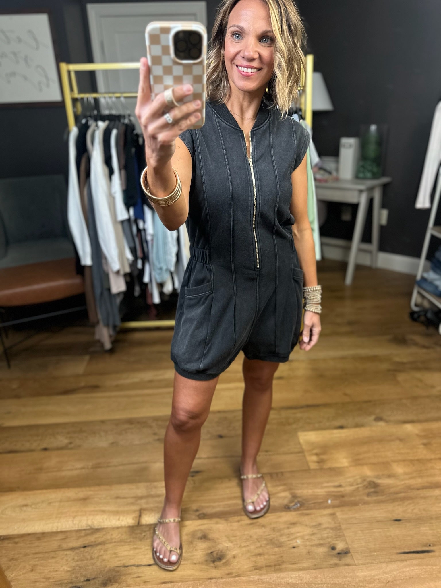 Showtime Zip Mineral Wash Romper - Black-Jodifl-Anna Kaytes Boutique, Women's Fashion Boutique in Grinnell, Iowa