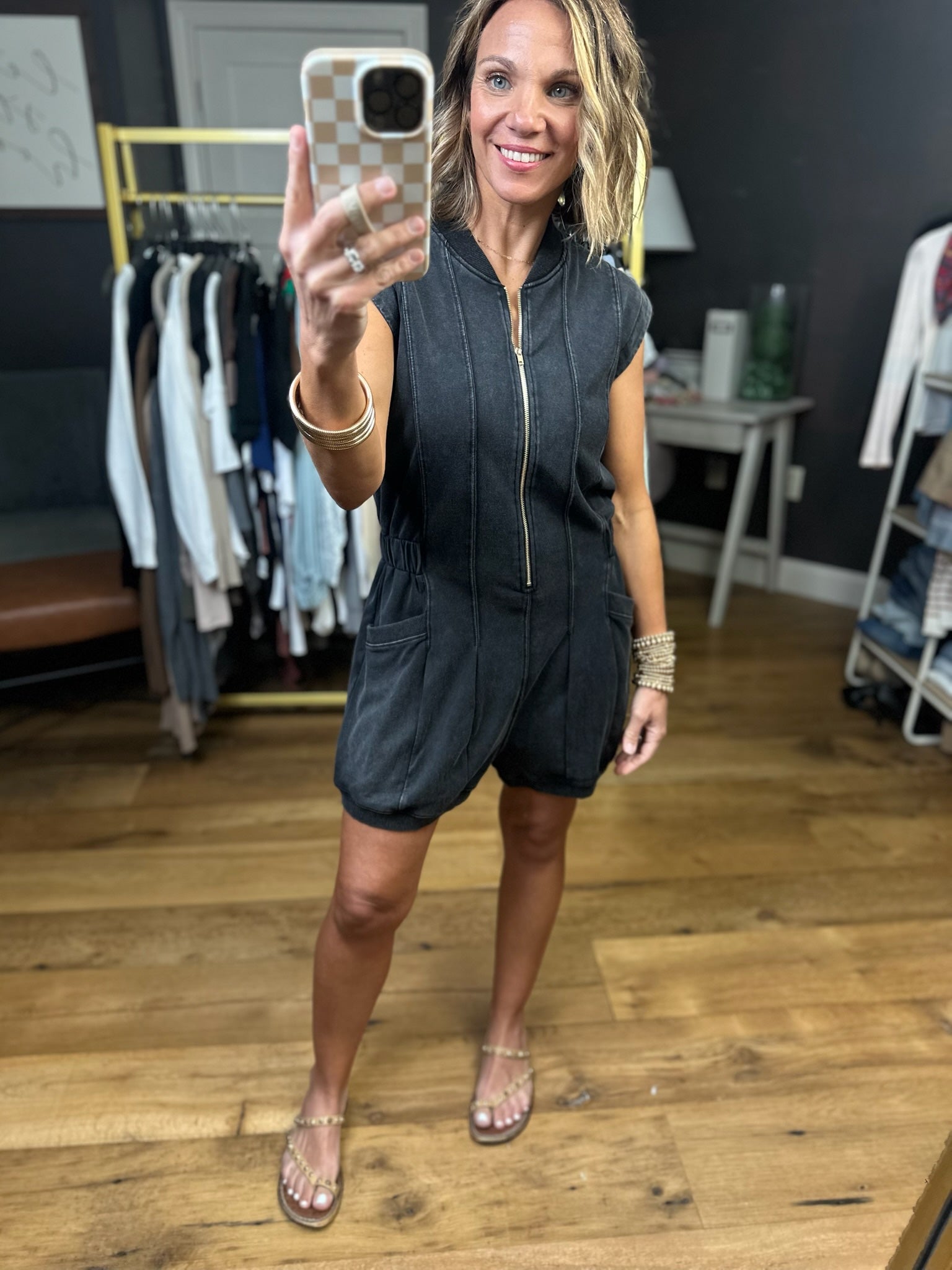 Showtime Zip Mineral Wash Romper - Black-Jodifl-Anna Kaytes Boutique, Women's Fashion Boutique in Grinnell, Iowa