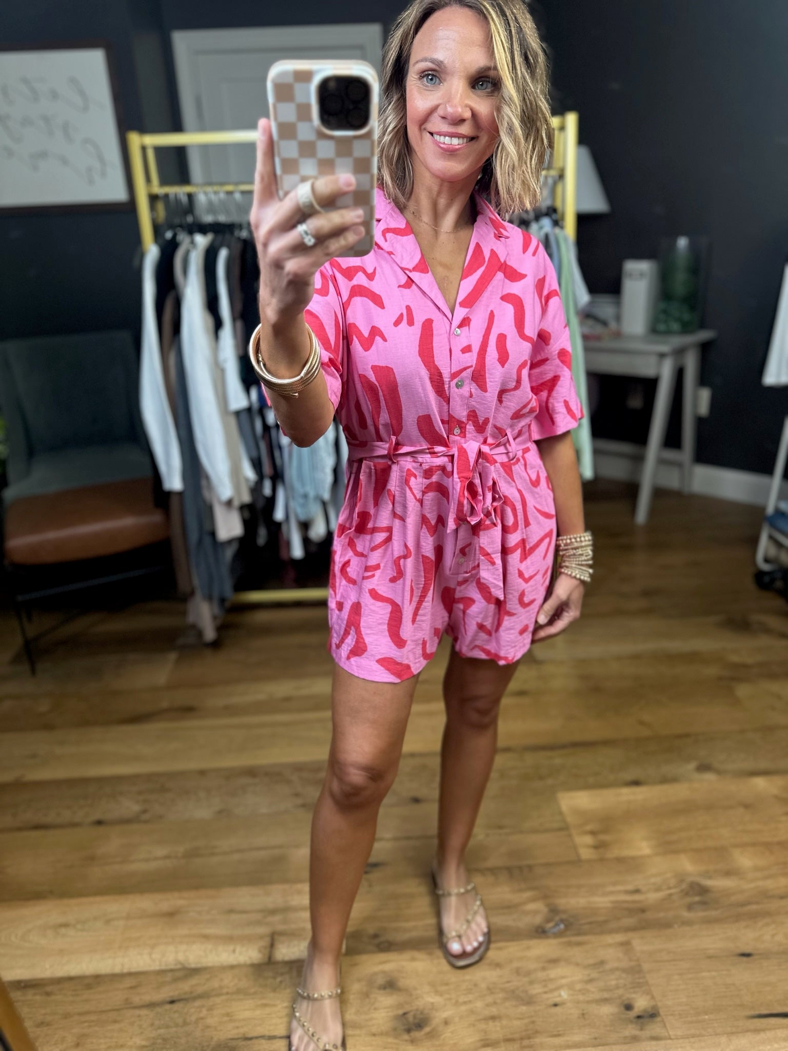 What You Feel Button-Down Patterned Romper - Pink-Very J-Anna Kaytes Boutique, Women's Fashion Boutique in Grinnell, Iowa