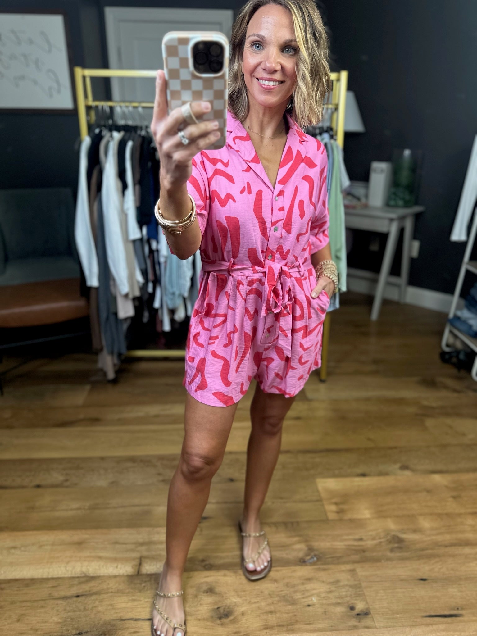 What You Feel Button-Down Patterned Romper - Pink-Very J-Anna Kaytes Boutique, Women's Fashion Boutique in Grinnell, Iowa