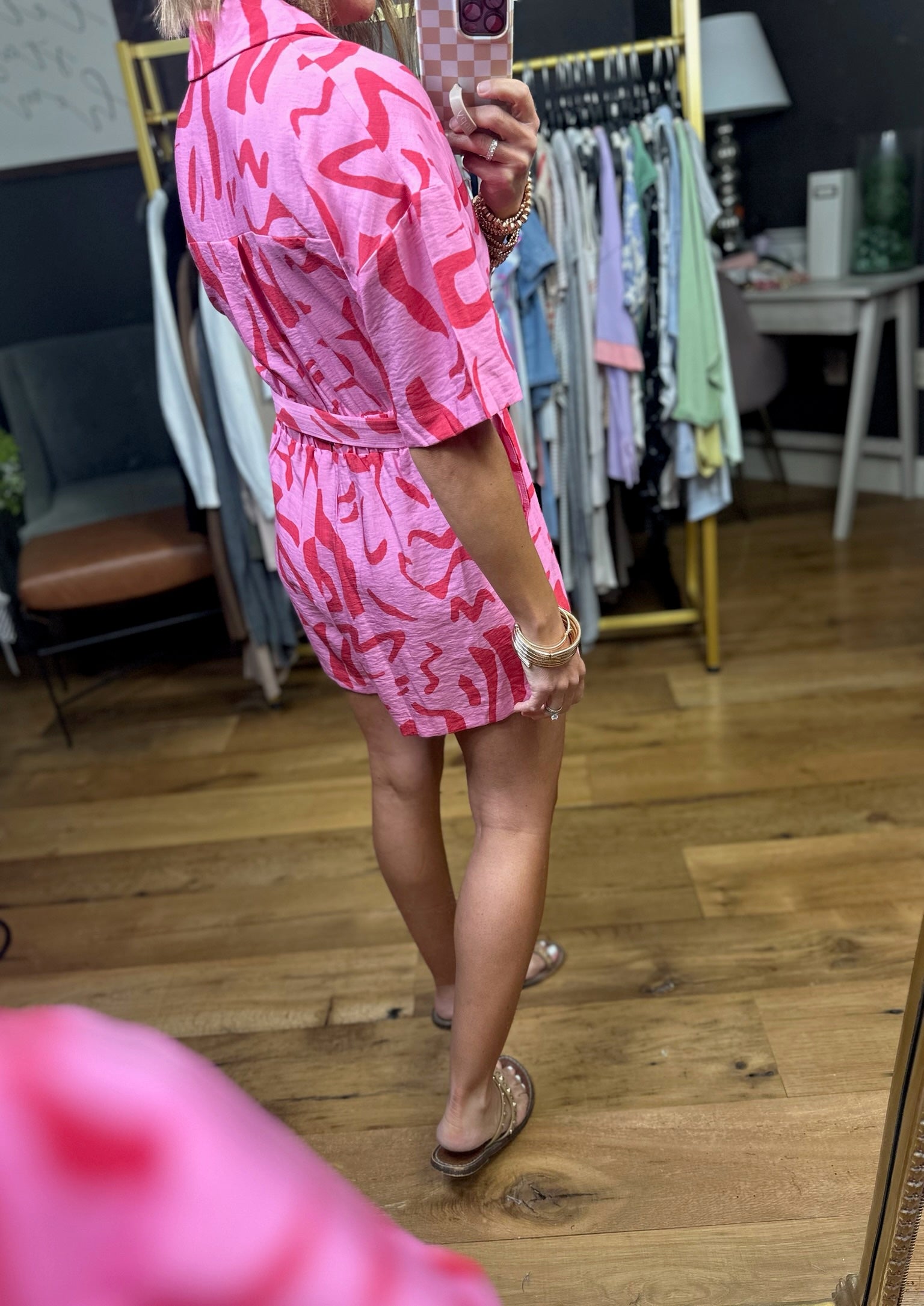 What You Feel Button-Down Patterned Romper - Pink-Very J-Anna Kaytes Boutique, Women's Fashion Boutique in Grinnell, Iowa