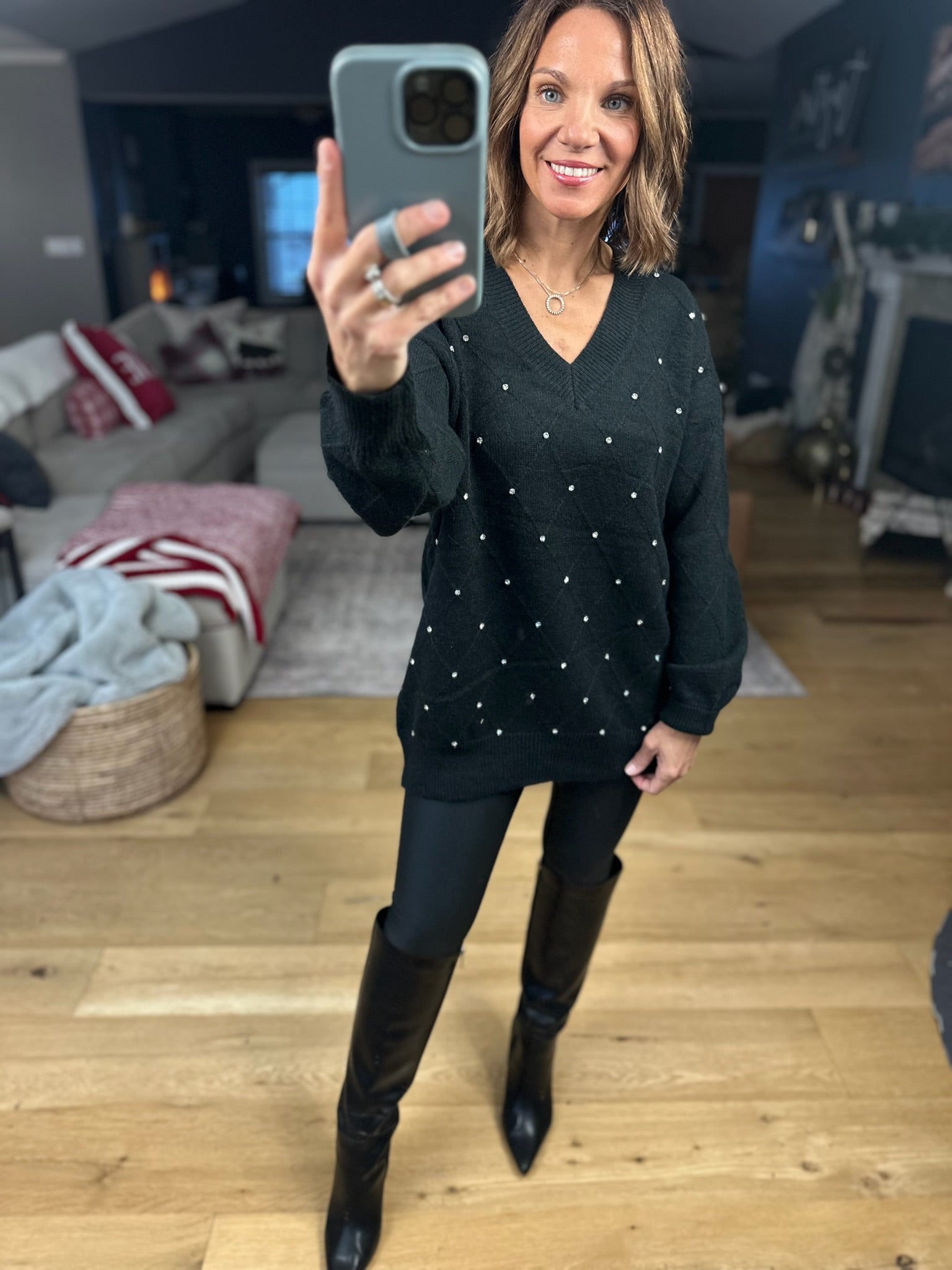 My Attention Rhinestone-Detail Knit Sweater-Sweaters-Vine & Love-Anna Kaytes Boutique, Women's Fashion Boutique in Grinnell, Iowa