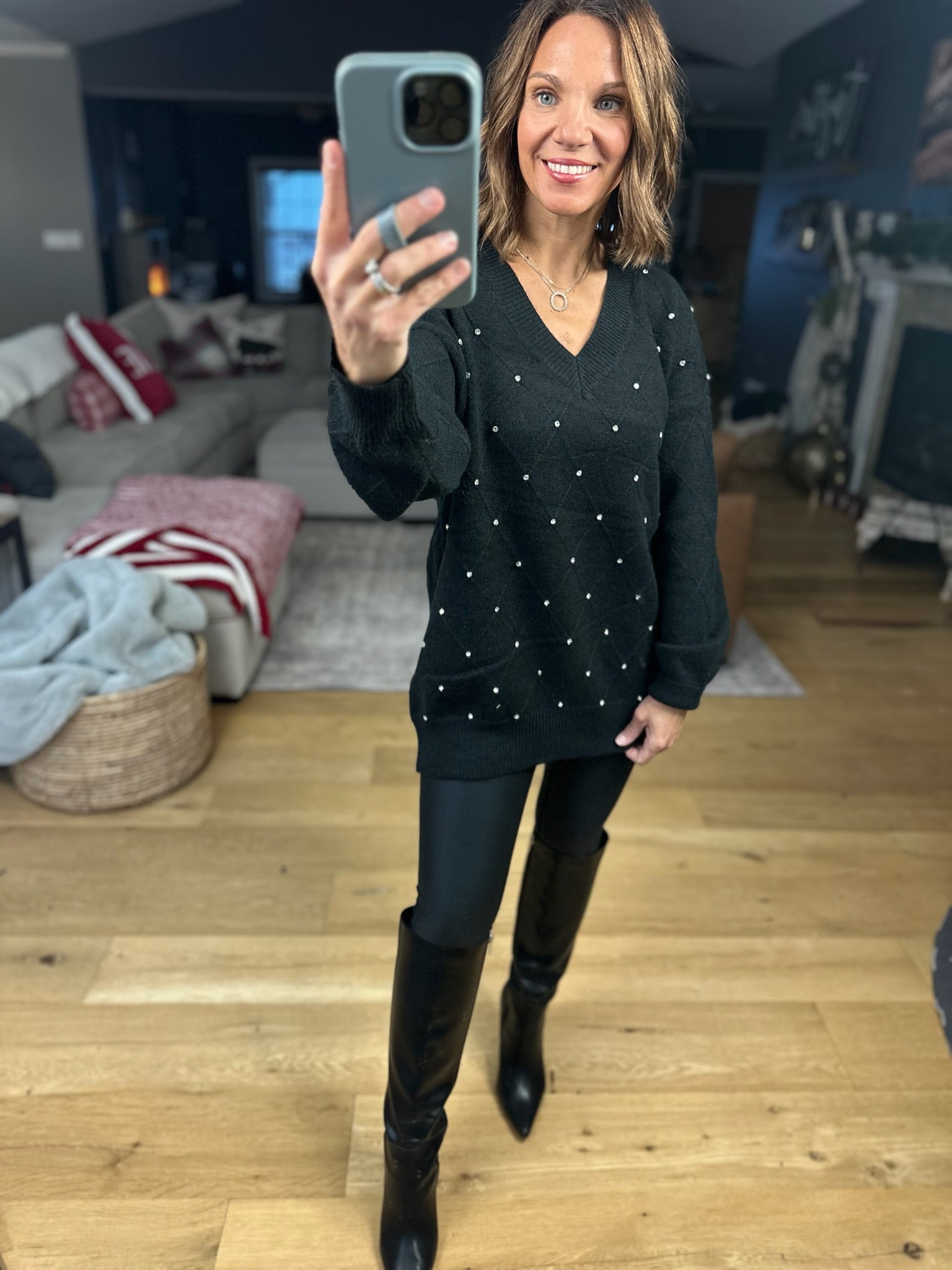 My Attention Rhinestone-Detail Knit Sweater-Sweaters-Vine & Love-Anna Kaytes Boutique, Women's Fashion Boutique in Grinnell, Iowa