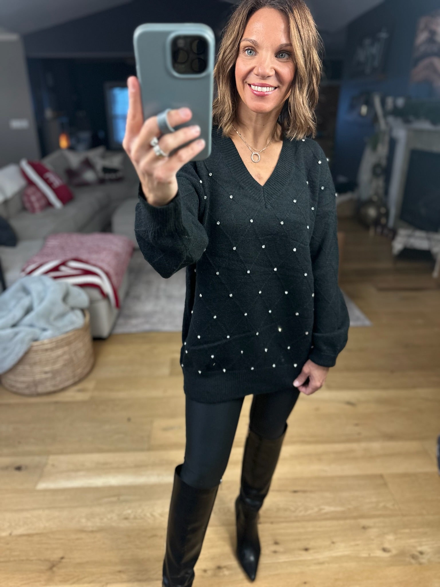 My Attention Rhinestone-Detail Knit Sweater-Sweaters-Vine & Love-Anna Kaytes Boutique, Women's Fashion Boutique in Grinnell, Iowa