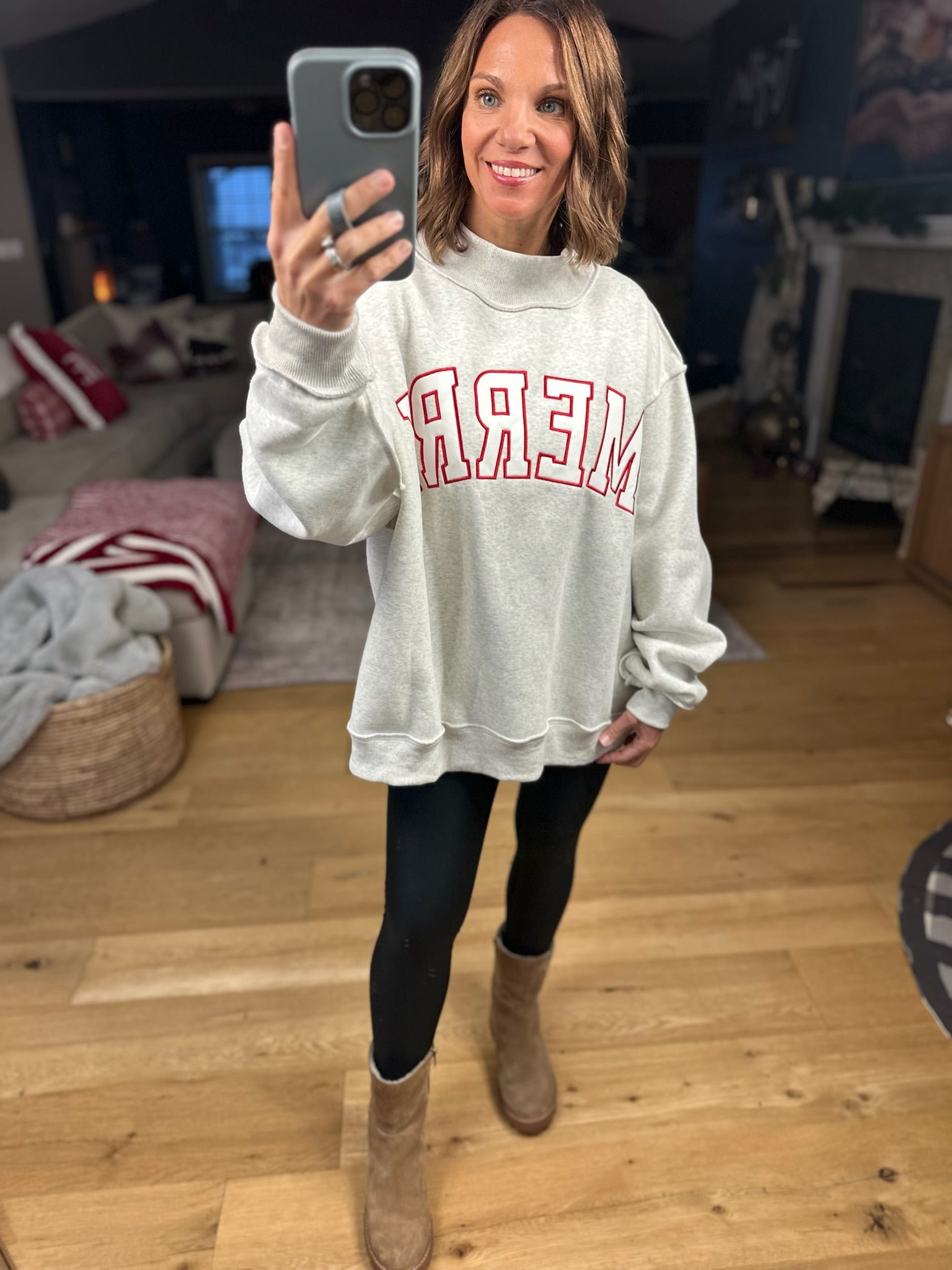 Merry Mock-Neck Sweatshirt - Grey-Sweaters-Bucketlist-Anna Kaytes Boutique, Women's Fashion Boutique in Grinnell, Iowa