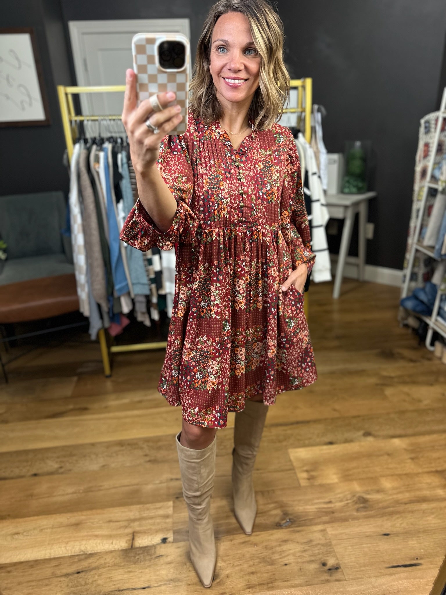 Giving Grace Patchwork Dress - Rust-Entro-Anna Kaytes Boutique, Women's Fashion Boutique in Grinnell, Iowa