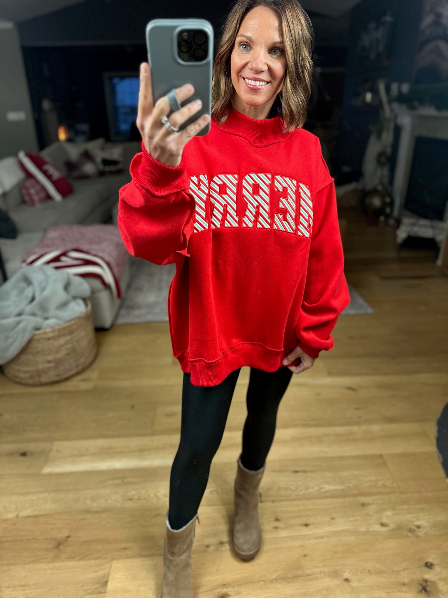 Merry Mock-Neck Sweatshirt - Red-Sweaters-Bucketlist-Anna Kaytes Boutique, Women's Fashion Boutique in Grinnell, Iowa