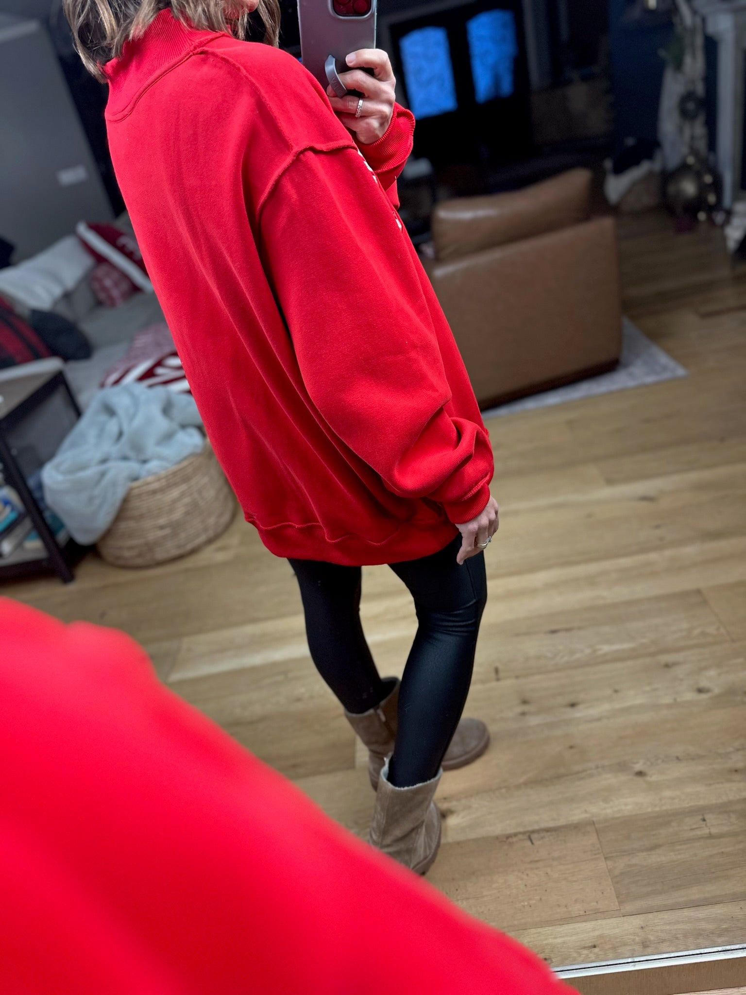 Merry Mock-Neck Sweatshirt - Red-Sweaters-Bucketlist-Anna Kaytes Boutique, Women's Fashion Boutique in Grinnell, Iowa