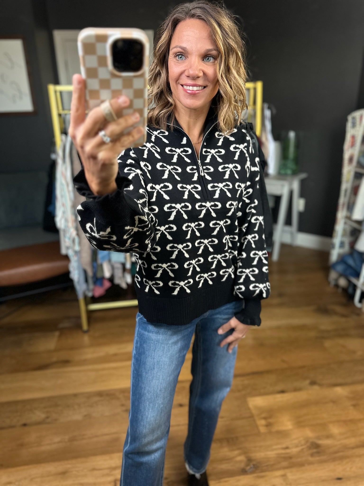 In The Past Bow Print Sweater - Black-Entro-Anna Kaytes Boutique, Women's Fashion Boutique in Grinnell, Iowa