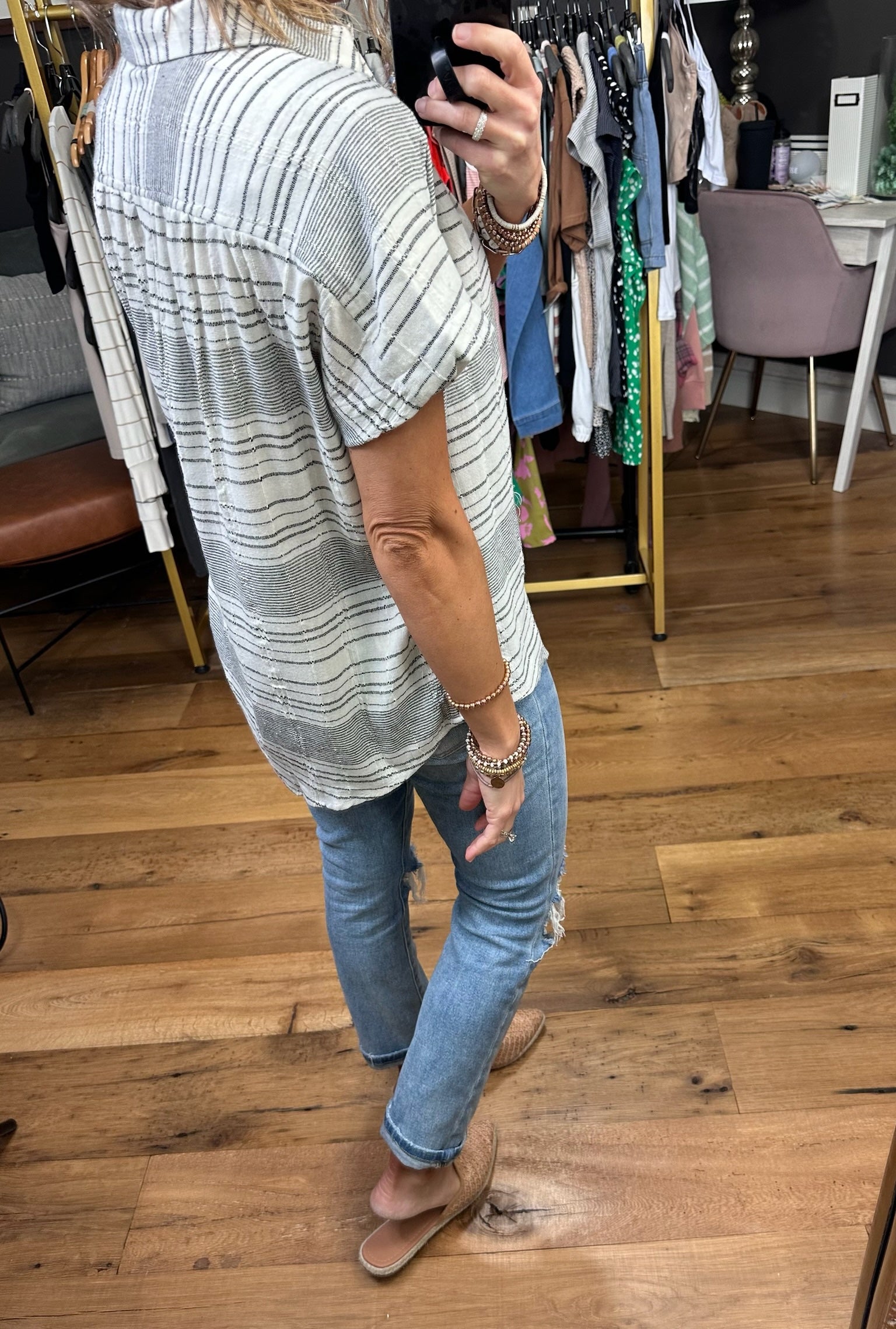 From Now On Striped Half-Button Top - Ivory/Grey-Short Sleeves-Wishlist-Anna Kaytes Boutique, Women's Fashion Boutique in Grinnell, Iowa