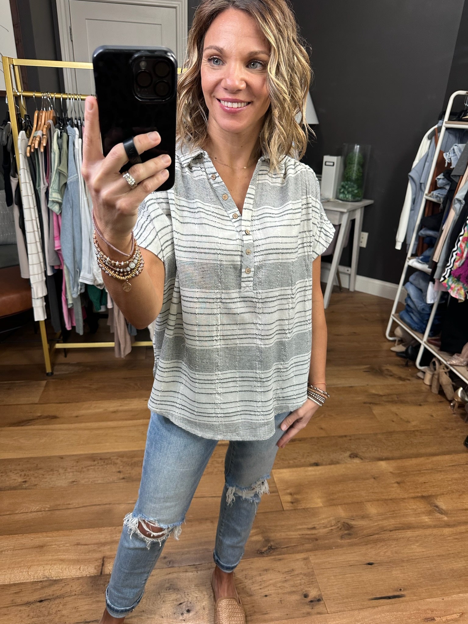 From Now On Striped Half-Button Top - Ivory/Grey-Short Sleeves-Wishlist-Anna Kaytes Boutique, Women's Fashion Boutique in Grinnell, Iowa