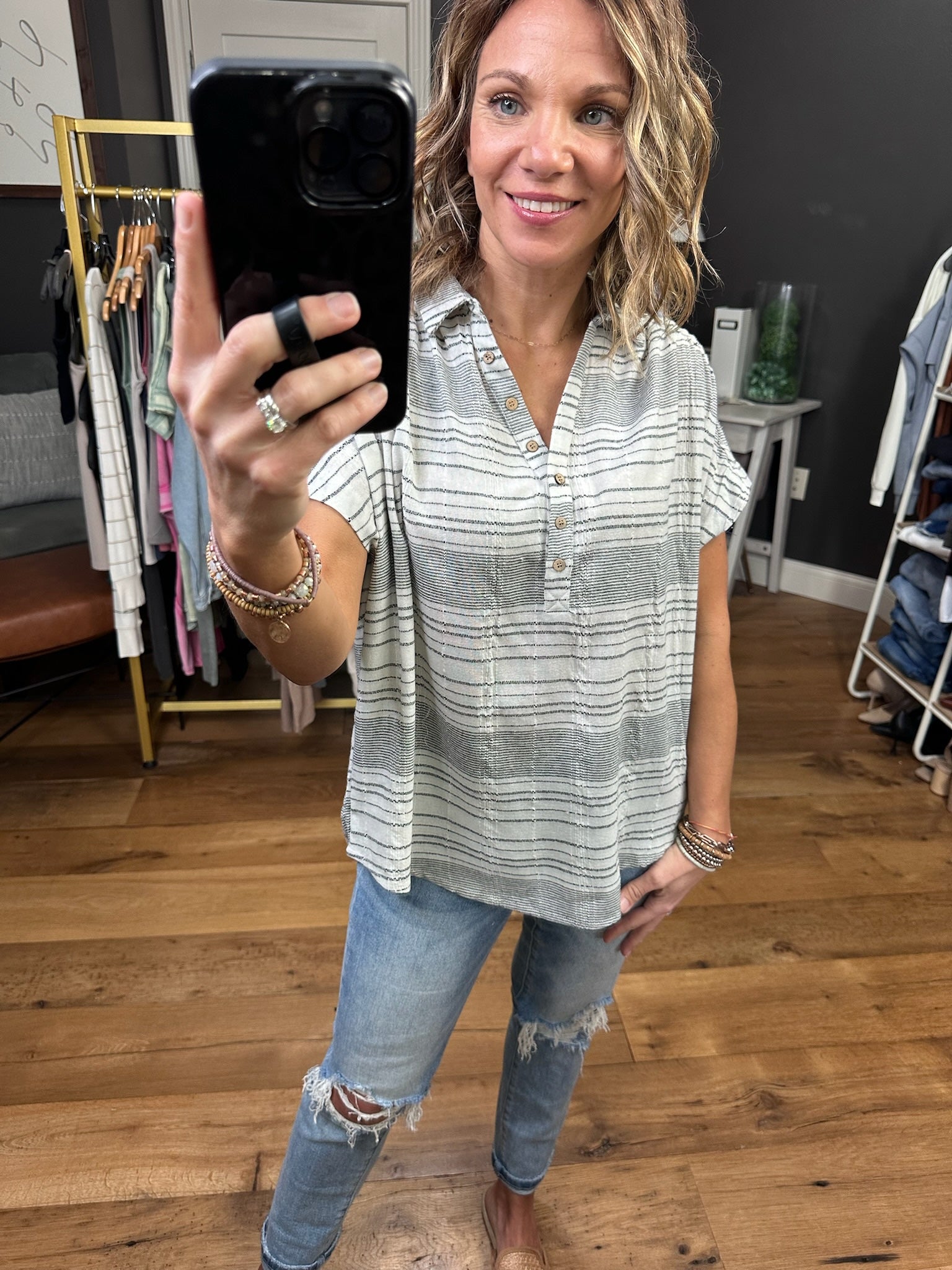 From Now On Striped Half-Button Top - Ivory/Grey-Short Sleeves-Wishlist-Anna Kaytes Boutique, Women's Fashion Boutique in Grinnell, Iowa